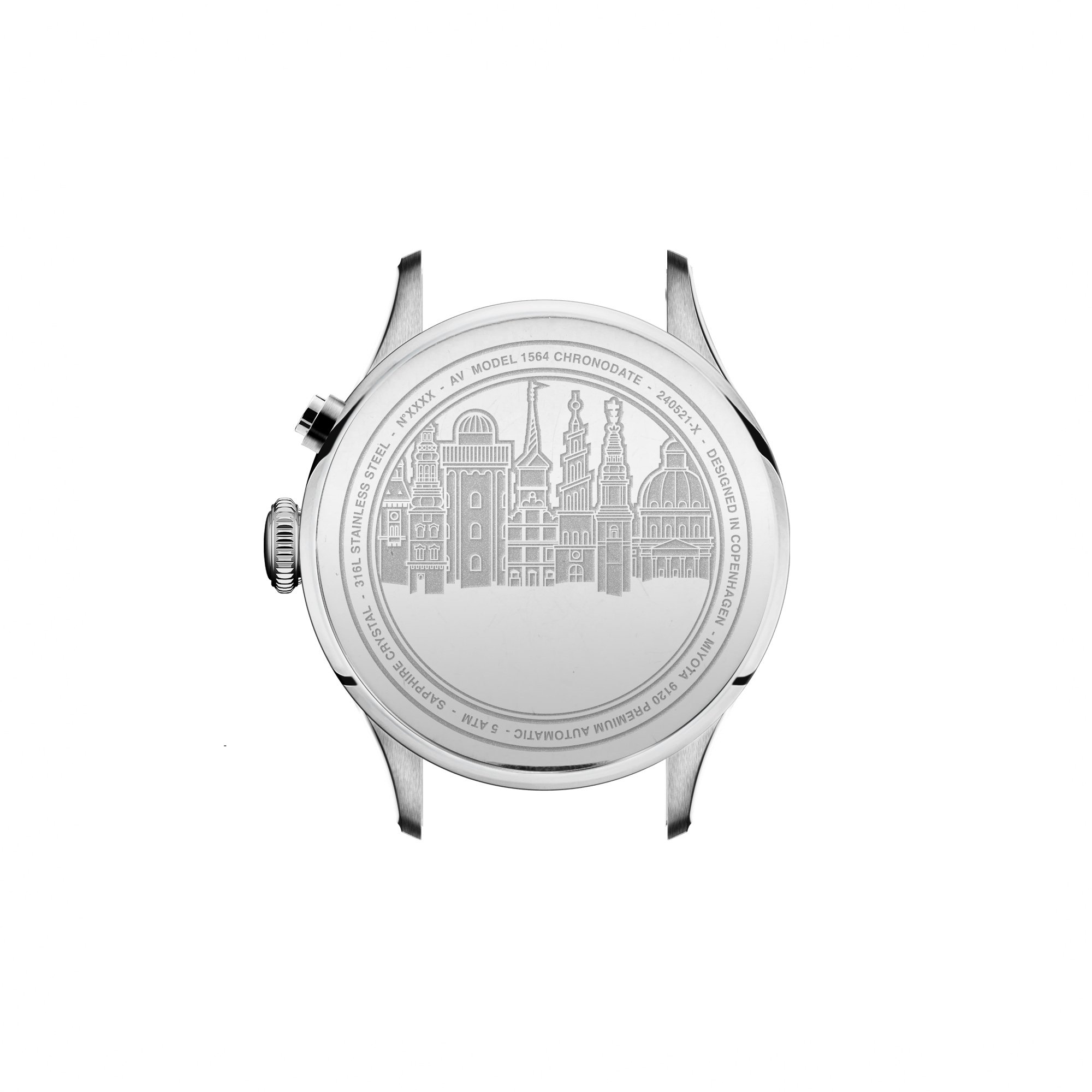 1564 Chronodate Automatic by AV86 showcasing engraved detailed Copenhagen skyline on stainless steel case back engraving