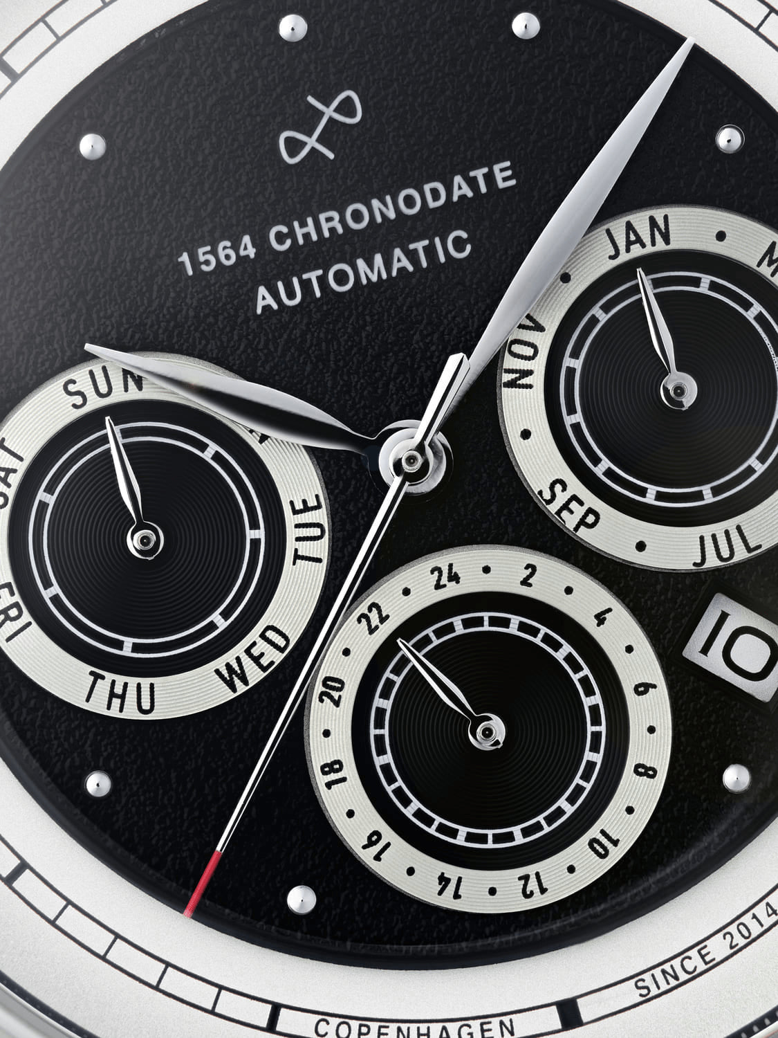 1564 Chronodate Automatic by AV86 vintage-inspired dial with triple subdials, date window, and finely textured black face
