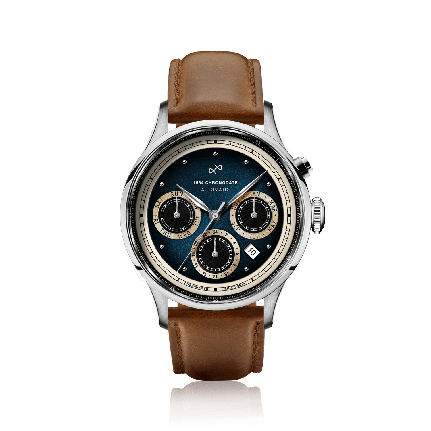 1564 Chronodate Automatic features a vintage-inspired automatic chronograph with a deep blue dial, triple subdials for day, month, and 24-hour time, a polished steel case, sapphire crystal, and a classic brown leather strap by AV86, showcasing Danish design and horological excellence.
