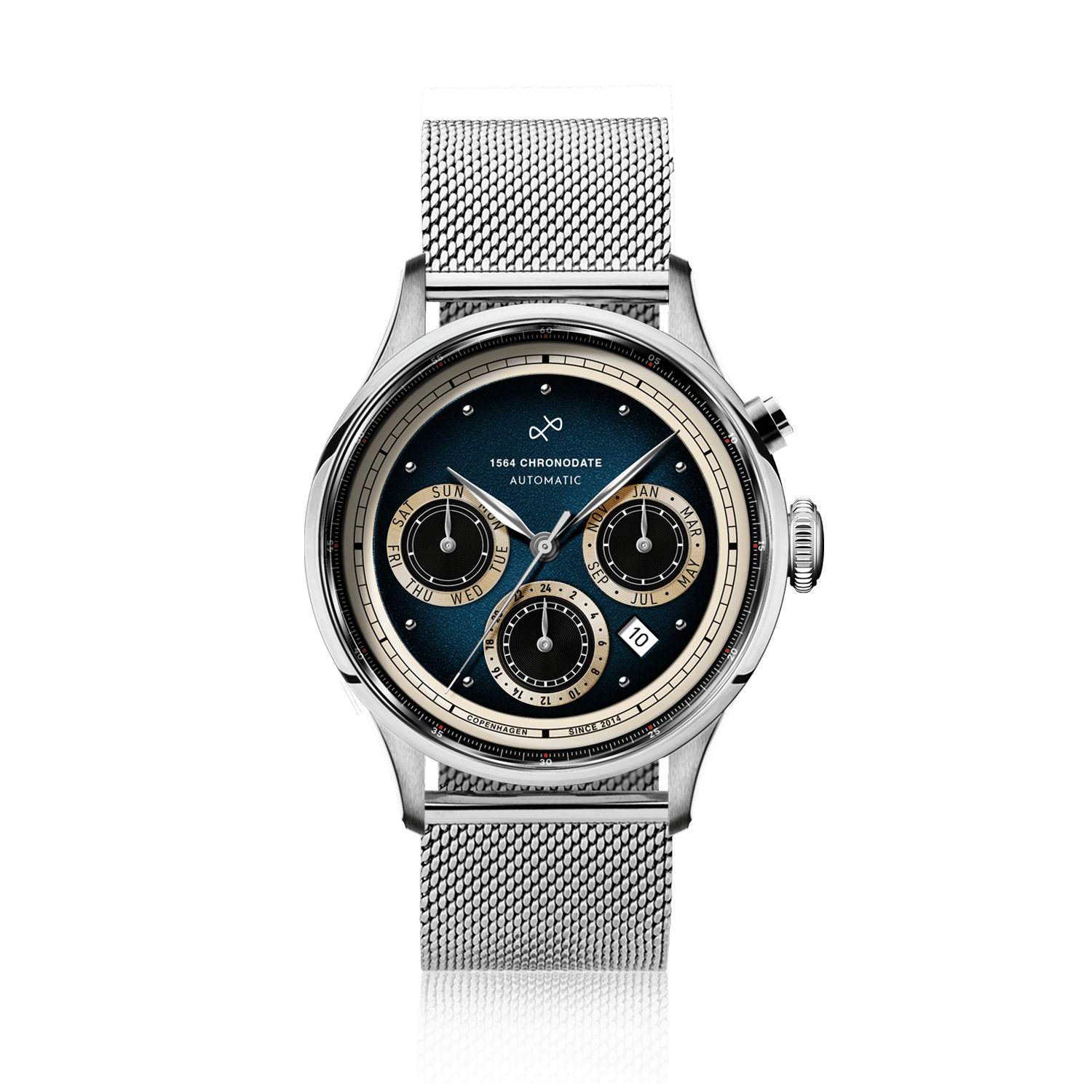 1564 Chronodate Automatic by AV86 features a vintage-inspired automatic chronograph with a deep blue dial, triple subdials for day, month, and 24-hour time, polished case, sapphire crystal, and a sleek mesh steel bracelet, showcasing Danish design and Nordic minimalism.