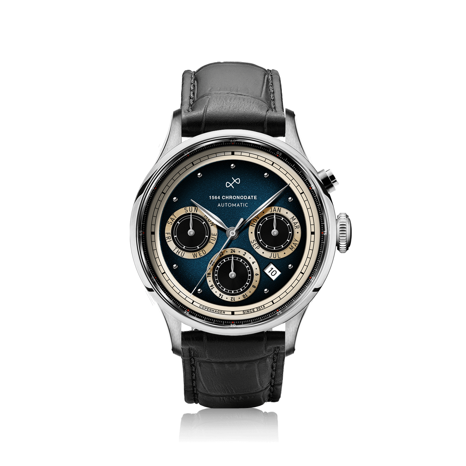 1564 Chronodate Automatic by AV86 features a sophisticated automatic chronograph with a deep blue dial, triple subdials for day, month, and 24-hour time, polished steel case, sapphire crystal, and a black leather strap, exemplifying Nordic minimalism and Danish design excellence.