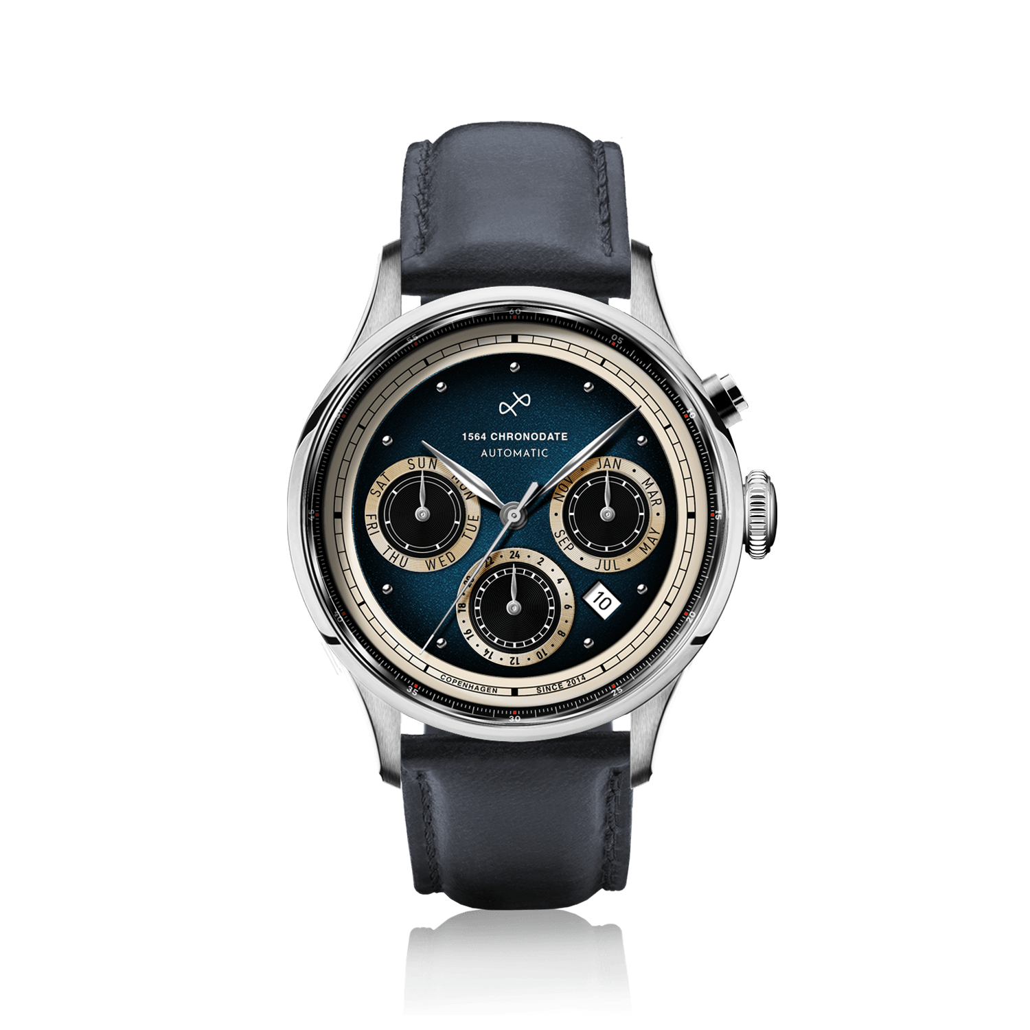 1564 Chronodate Automatic, Steel / Blue by AV86 features a vintage-inspired automatic chronograph with a deep blue dial, triple subdials for day, month, and 24-hour time, sapphire crystal, polished steel case, and a black leather strap, embodying Danish design and refined horological craftsmanship.