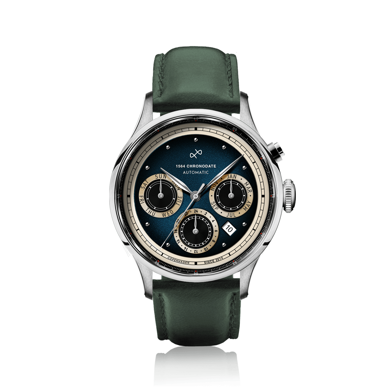 1564 Chronodate Automatic by AV86 features a vintage-inspired automatic chronograph with a textured blue dial, triple subdials for day, month, and 24-hour time, polished steel case, sapphire crystal, and a refined dark green leather strap, exemplifying Danish design and Nordic minimalism.