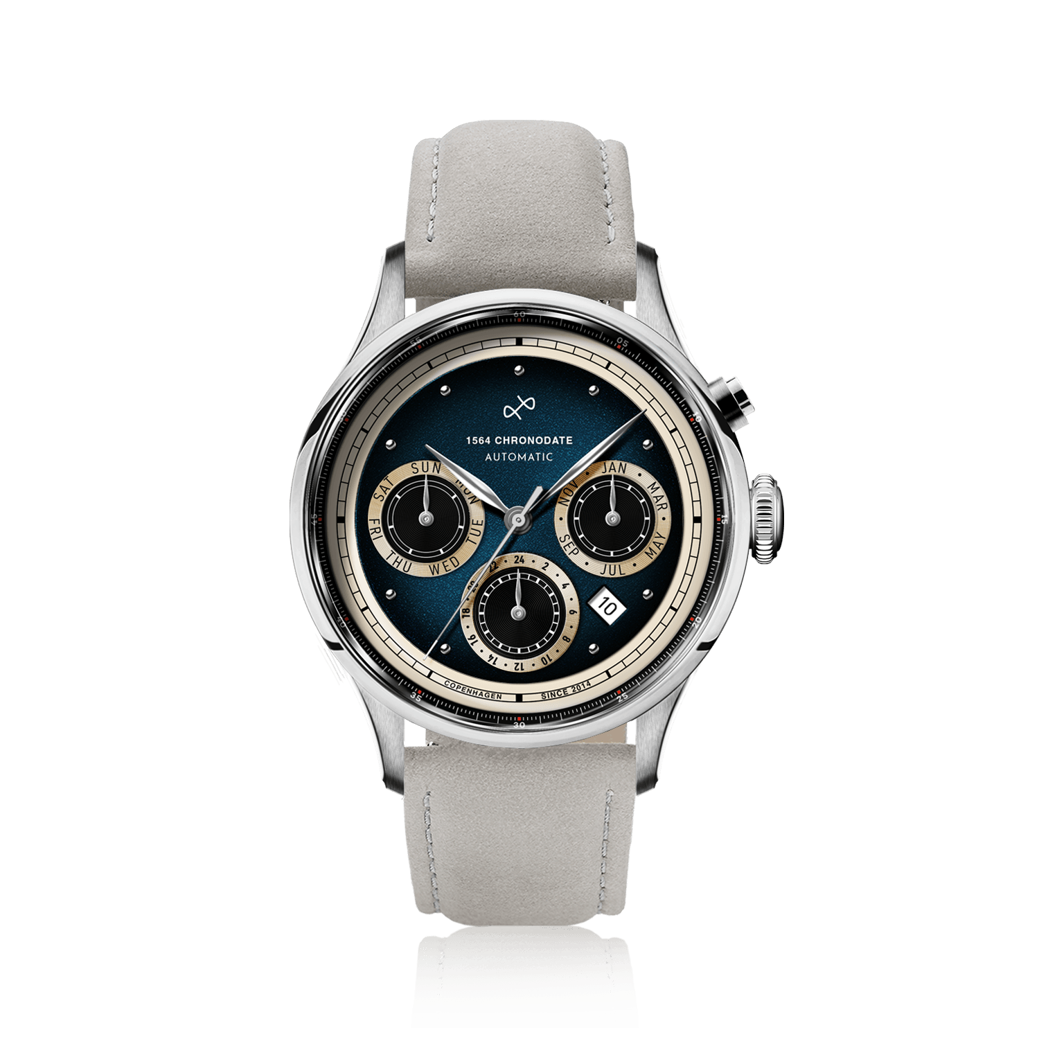 1564 Chronodate Automatic by AV86 presents a vintage-inspired automatic chronograph with a deep blue dial featuring triple subdials for day, month, and 24-hour time, housed in a polished steel case with sapphire crystal, paired with a light suede leather strap, embodying refined Danish design and Nordic minimalism.