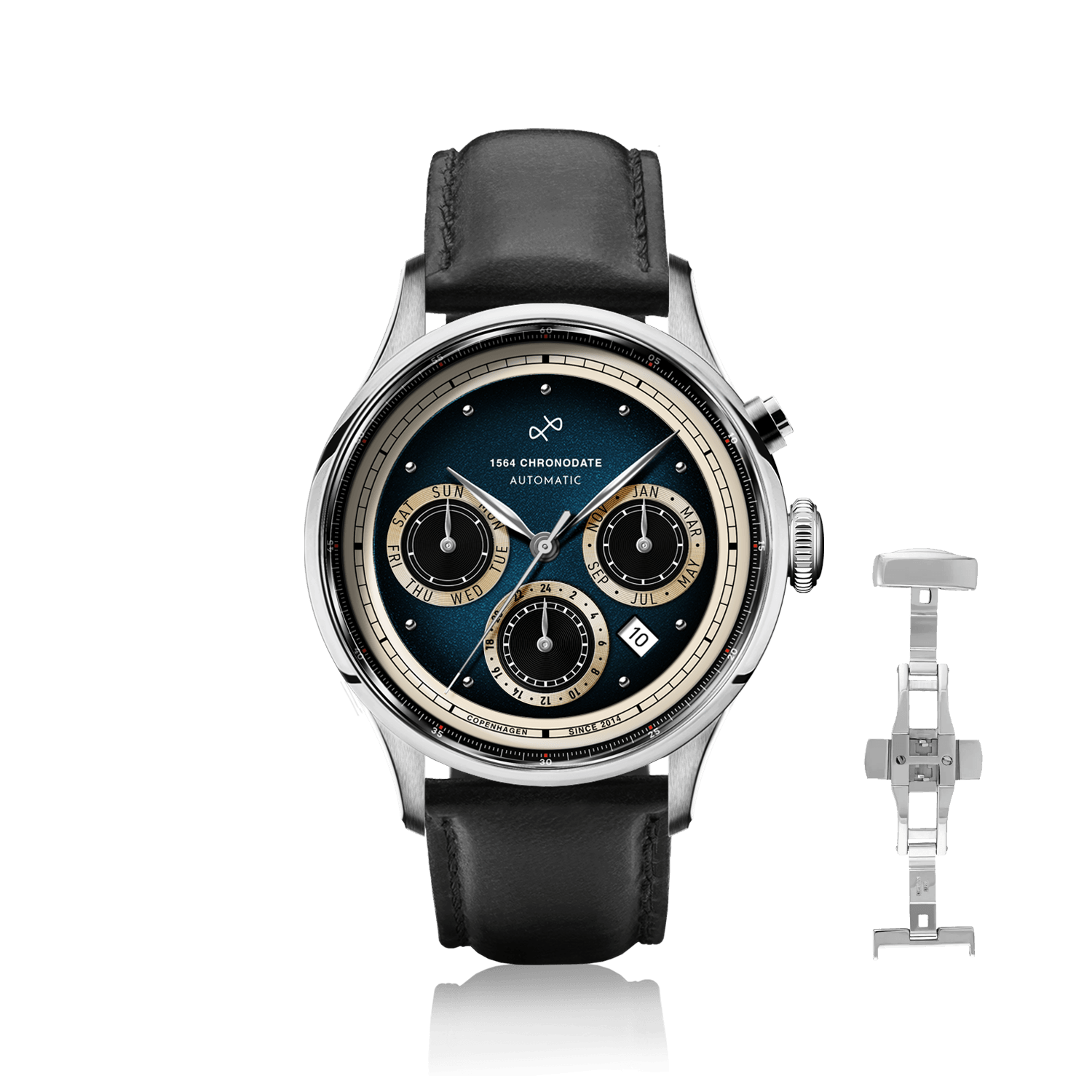 1564 Chronodate Automatic by AV86 features a vintage-inspired automatic chronograph with a textured blue dial, triple subdials for day, month, and 24-hour time, polished steel case, sapphire crystal, and a black leather strap with a butterfly clasp, reflecting refined Danish design and Nordic minimalism.