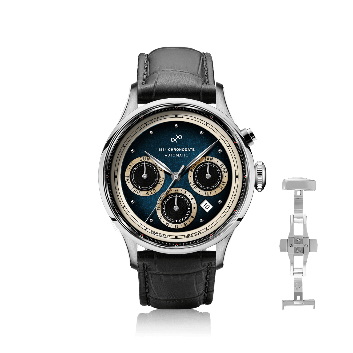 1564 Chronodate Automatic, Steel / Blue by AV86 features a vintage-inspired automatic chronograph with a deep blue dial, triple subdials for day, month, and 24-hour time, sapphire crystal, polished steel case, and a black croc-embossed leather strap with a butterfly clasp, exemplifying Danish design and horological excellence.