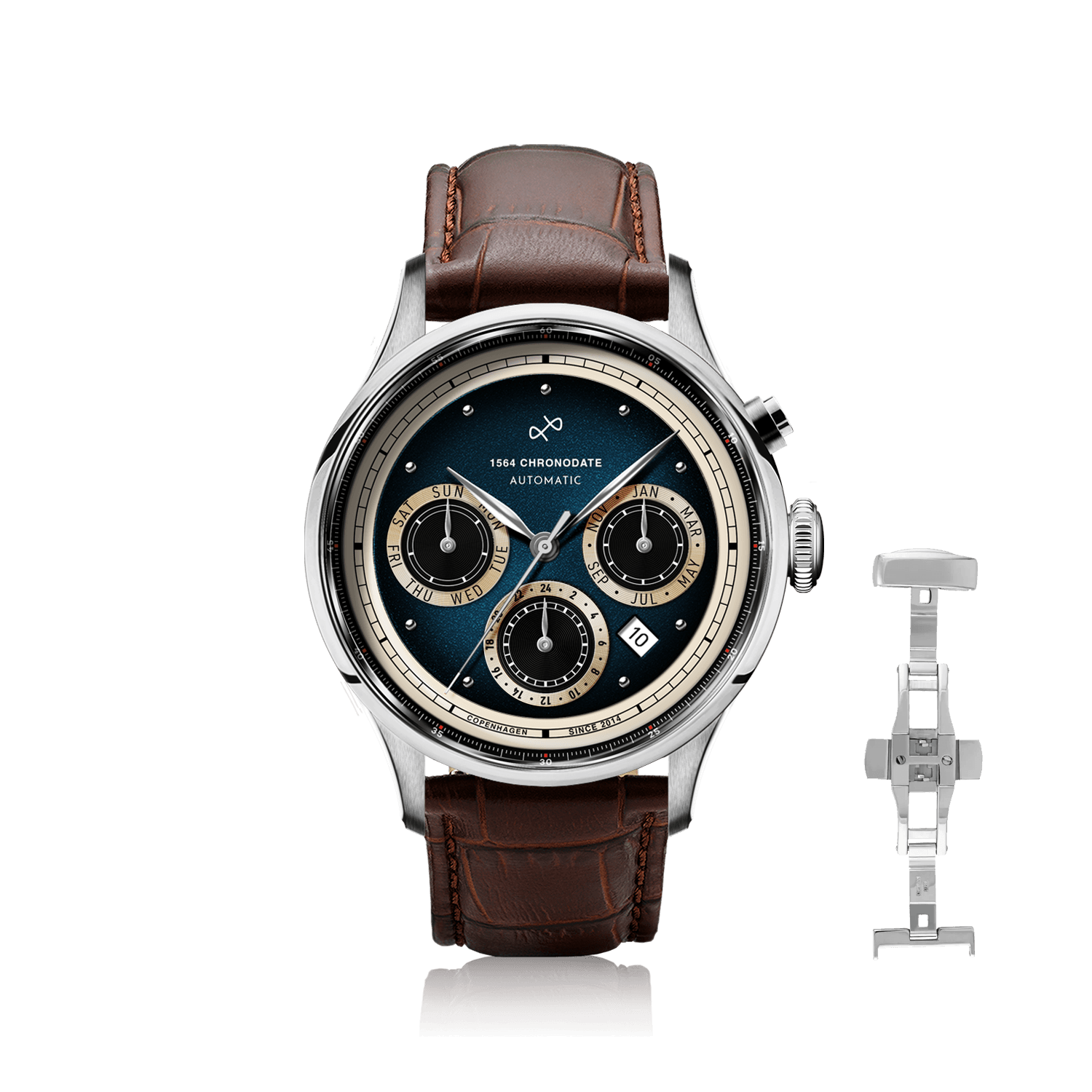 1564 Chronodate Automatic, Steel / Blue by AV86 features a vintage-inspired automatic chronograph with a textured blue dial, triple subdials for day, month, and 24-hour time, polished steel case, sapphire crystal, and a brown crocodile leather strap with butterfly clasp, exemplifying Danish design and Nordic minimalism.