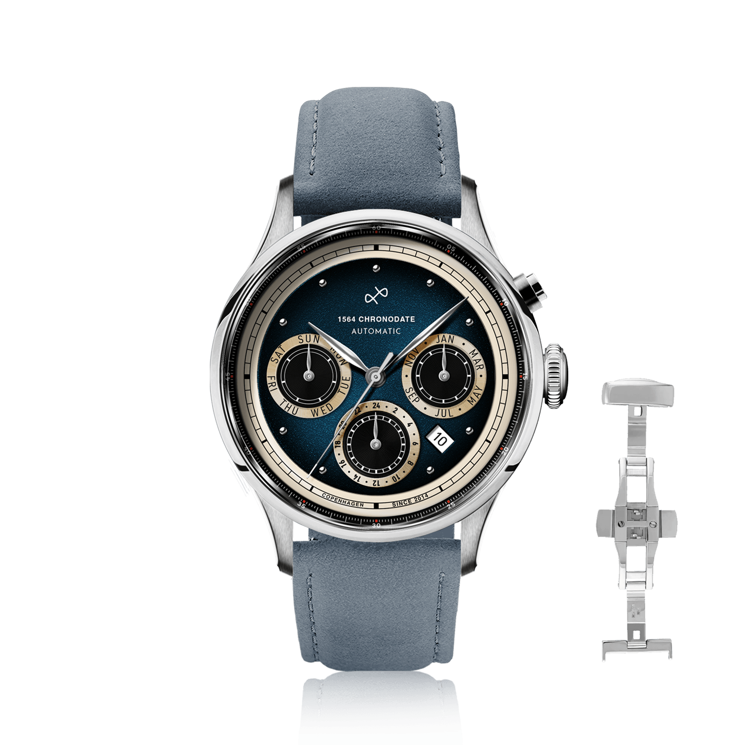 1564 Chronodate Automatic by AV86 features a vintage-inspired automatic chronograph with a deep blue dial, triple subdials for day, month, and 24-hour time, sapphire crystal, polished steel case, and a refined blue suede leather strap with a butterfly clasp, exemplifying Danish design and Nordic minimalism.