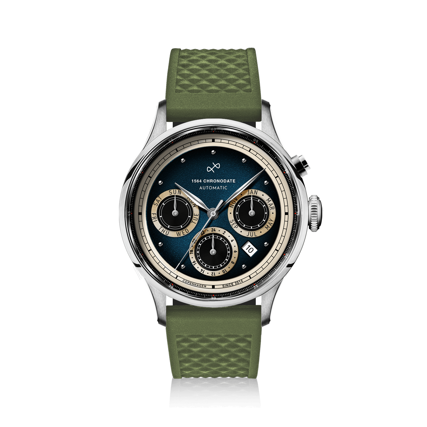 1564 Chronodate Automatic by AV86 features a vintage-inspired automatic chronograph with a textured blue dial, three subdials for day, month, and 24-hour time, sapphire crystal, polished steel case, and a green silicone strap, embodying Danish design and Nordic minimalism.