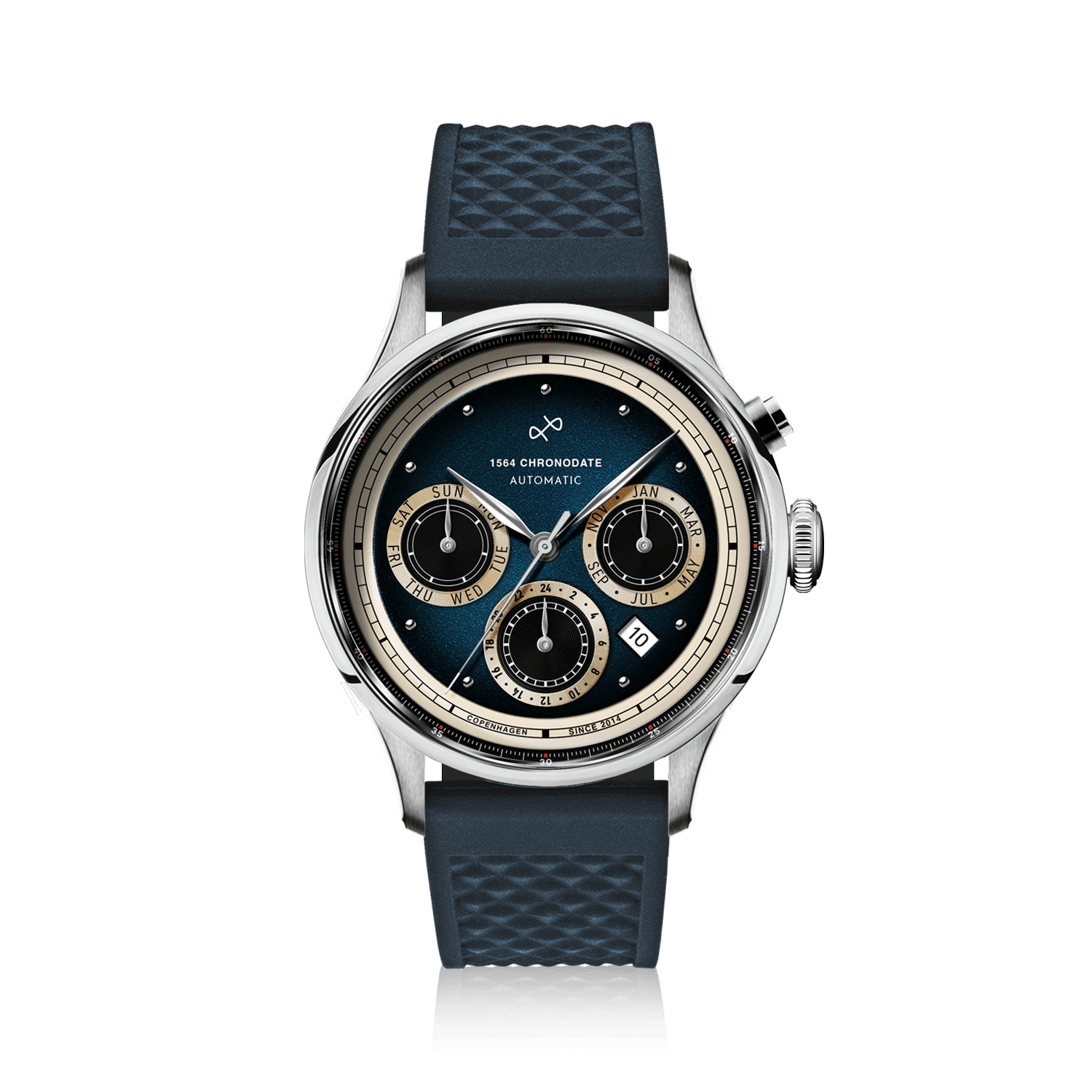 1564 Chronodate Automatic by AV86 presents a vintage-inspired automatic chronograph with a deep blue dial featuring triple subdials for day, month, and 24-hour time, set within a polished steel case with sapphire crystal, complemented by a textured blue silicone strap, reflecting Scandinavian design and understated horological craftsmanship.