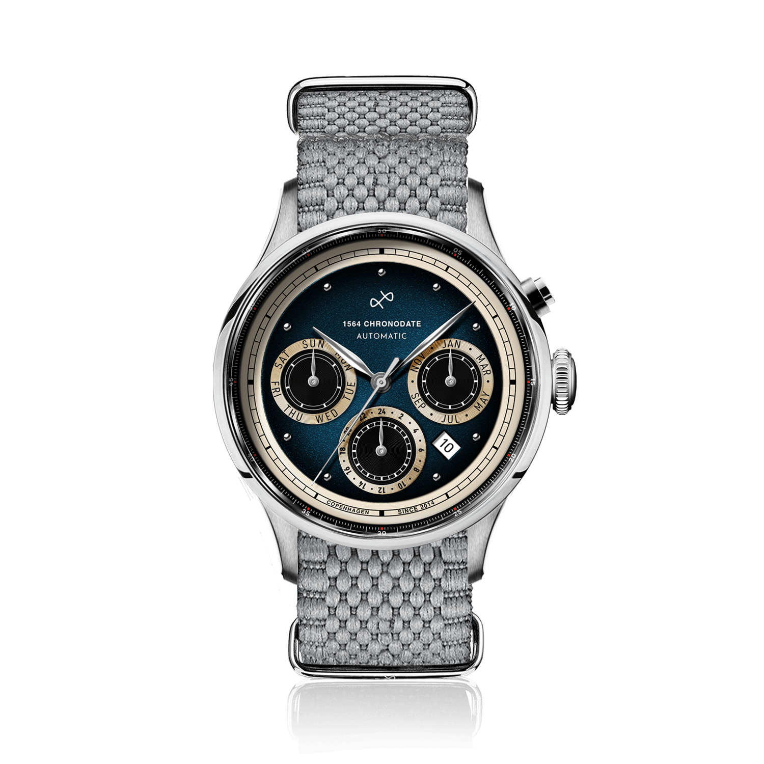 1564 Chronodate Automatic, Steel / Blue by AV86 features a vintage-inspired automatic chronograph with a textured blue dial, three subdials for day, month, and 24-hour time, a polished steel case, sapphire crystal, and a woven gray NATO strap, embodying refined Danish design and Nordic minimalism.