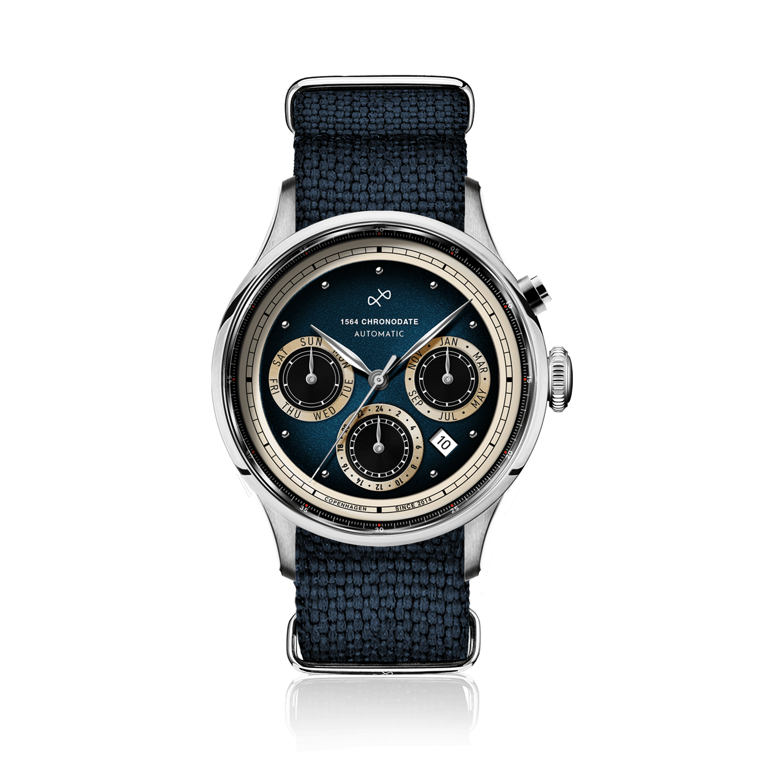 1564 Chronodate Automatic by AV86 features a vintage-inspired automatic chronograph with a gradient blue dial, triple subdials for day, month, and 24-hour time, sapphire crystal, polished steel case, and a navy woven NATO strap, embodying Scandinavian elegance and horological precision.