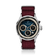 1564 Chronodate Automatic, Steel / Blue by AV86 showcases a vintage-inspired chronograph with a gradient blue dial, three subdials for day, month, and 24-hour time, polished steel case, sapphire crystal, and a textured burgundy woven NATO strap, reflecting Danish design and horological craftsmanship.