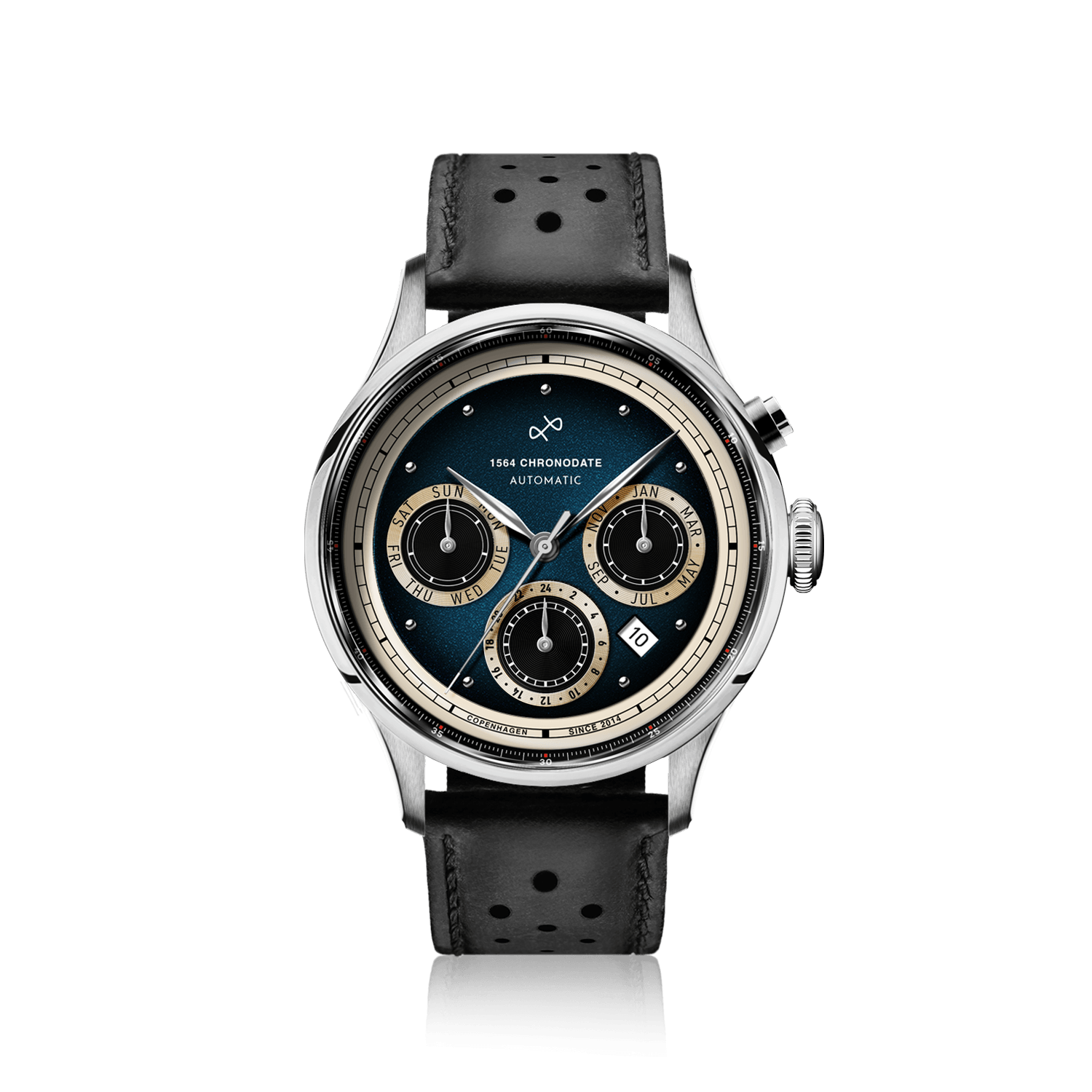 1564 Chronodate Automatic by AV86 showcases a vintage-inspired automatic chronograph with a gradient blue dial, triple subdials for day, month, and 24-hour time, sapphire crystal, polished steel case, and a perforated black leather strap, reflecting Danish design and horological excellence.
