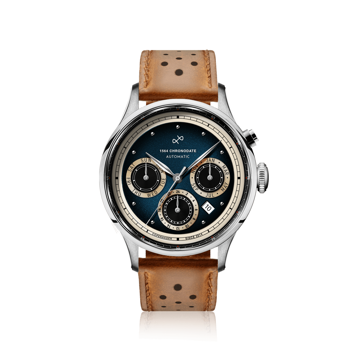 1564 Chronodate Automatic by AV86 features a vintage-inspired automatic chronograph with a gradient blue dial, three subdials for day, month, and 24-hour time, a polished steel case, sapphire crystal, and a perforated brown leather strap, reflecting Nordic minimalism and Danish horological craftsmanship.