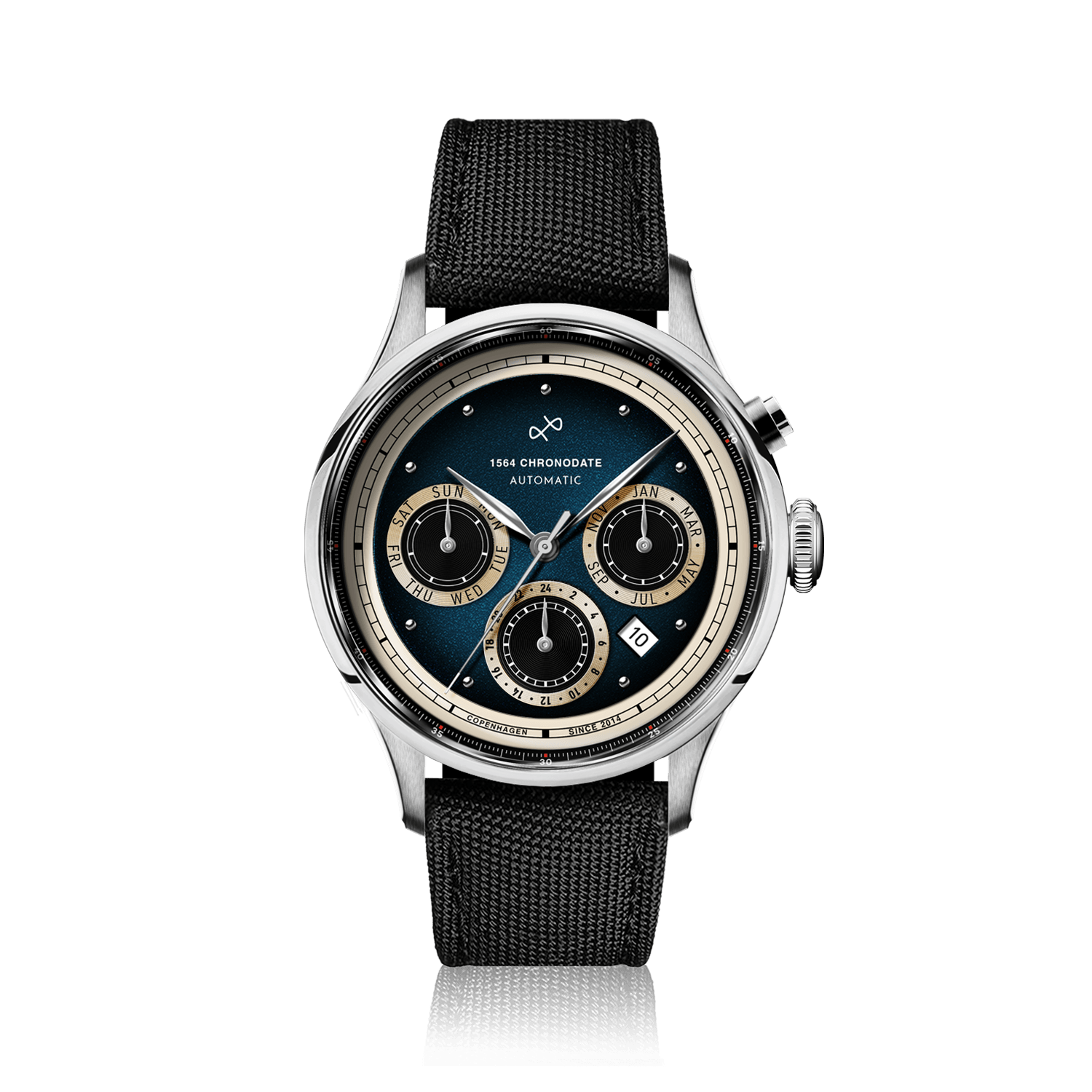 1564 Chronodate Automatic, Steel / Blue by AV86 showcases a vintage-inspired automatic chronograph with a gradient blue dial, sapphire crystal, triple subdials for day, month, and 24-hour time, encased in polished steel and paired with a durable black Cordura strap, embodying Danish design and horological sophistication.