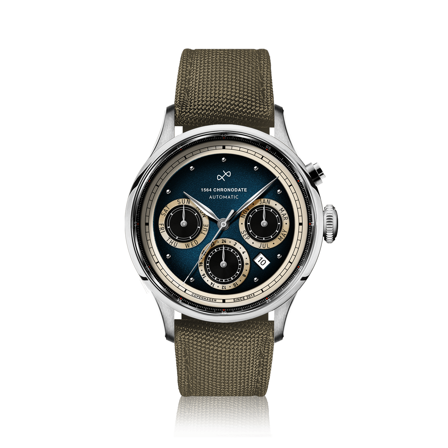 1564 Chronodate Automatic, Steel / Blue by AV86 features a vintage-inspired automatic chronograph with a deep blue dial, cream subdials for day, month, and 24-hour time, polished steel case, sapphire crystal, and a durable khaki Cordura strap, exemplifying Scandinavian design and horological excellence.