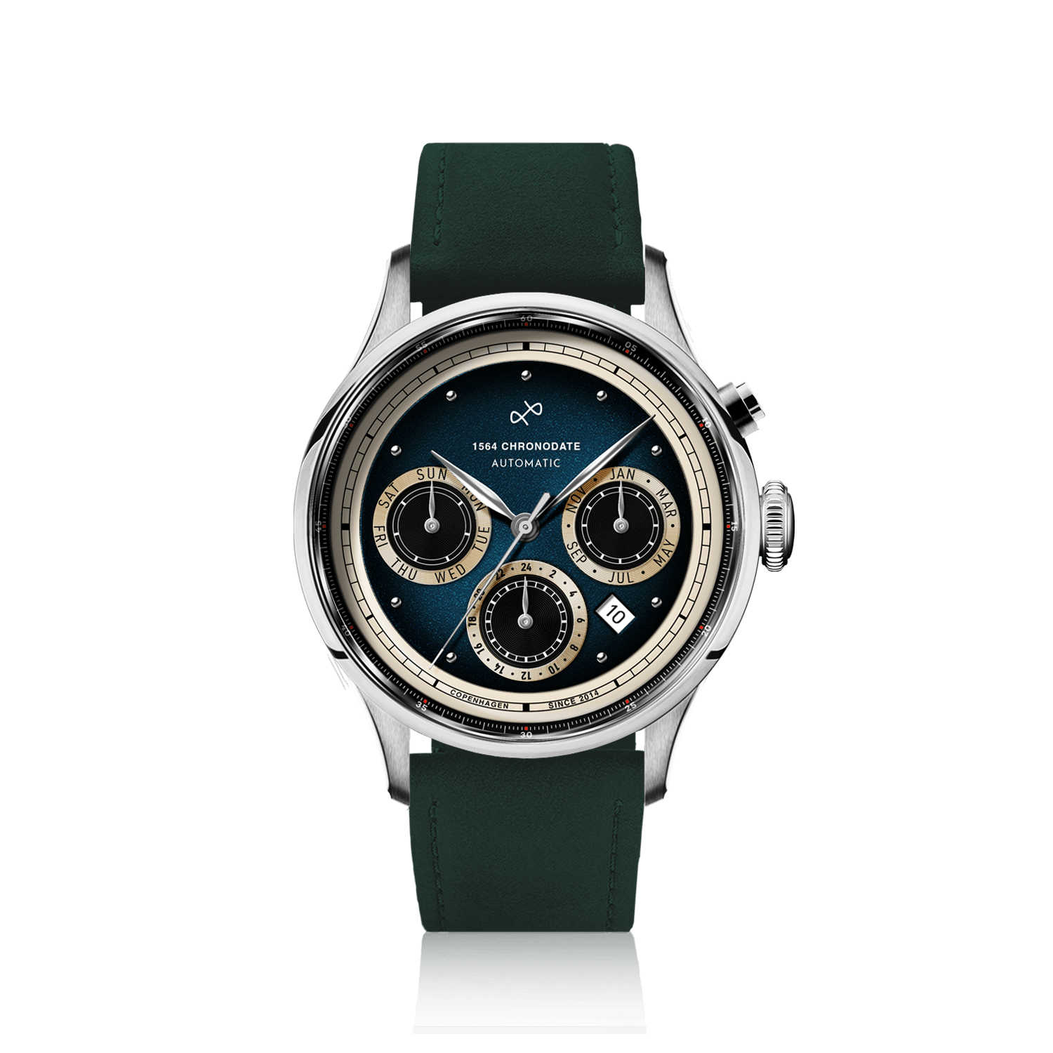 1564 Chronodate Automatic by AV86 presents a vintage-inspired automatic chronograph with a deep blue dial accented by cream subdials for day, month, and 24-hour time, framed by a polished steel case and paired with a green leather strap, reflecting Nordic minimalism and Danish horological excellence.