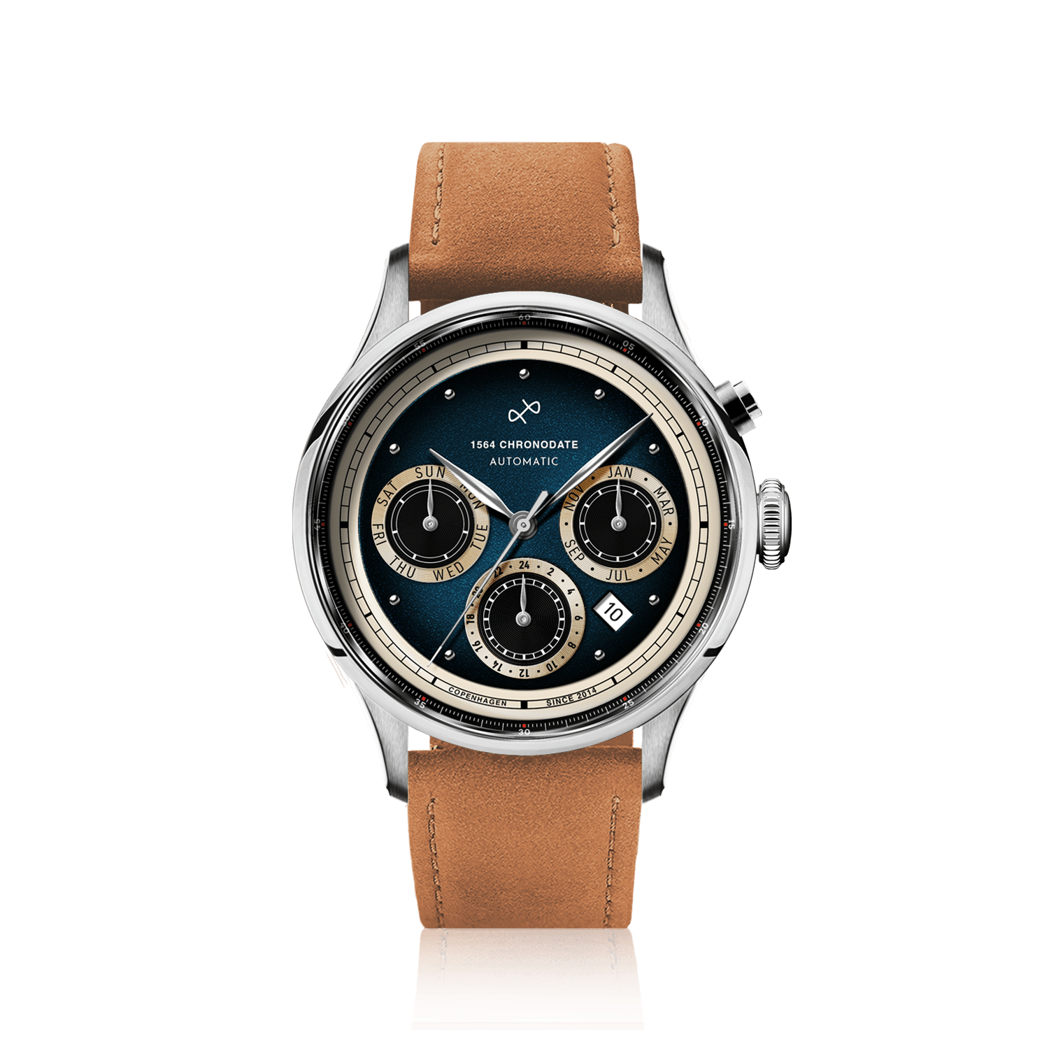 1564 Chronodate Automatic, Steel / Blue by AV86 presents a vintage-inspired automatic chronograph with a deep blue sunburst dial, triple subdials for day, month, and 24-hour time, a polished steel case, sapphire crystal, and a supple light brown suede leather strap, embodying Nordic minimalism and Danish horological craftsmanship.