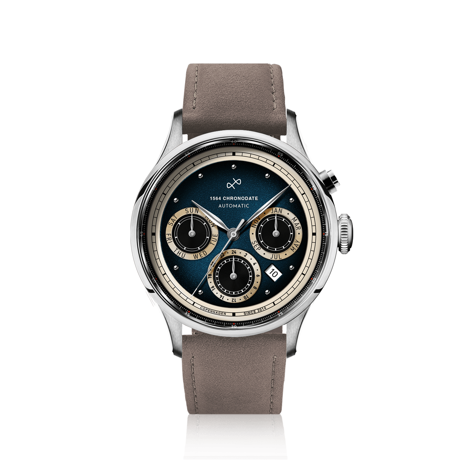 1564 Chronodate Automatic by AV86 is a vintage-inspired automatic chronograph featuring a deep blue dial with cream subdials for day, month, and 24-hour functions, set in a polished steel case with sapphire crystal and complemented by a supple grey suede leather strap, embodying luxury Danish design and Nordic minimalism.