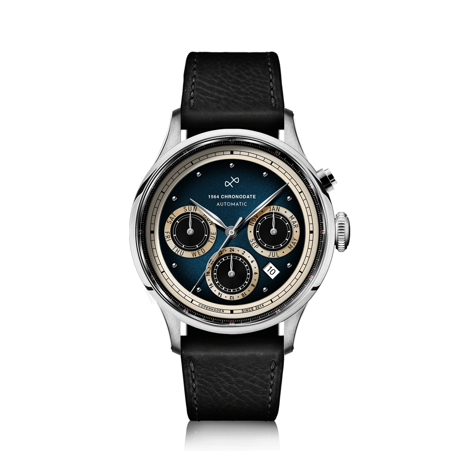 1564 Chronodate Automatic by AV86 features a vintage-inspired automatic chronograph with a deep blue dial, cream subdials for day, month, and 24-hour time, polished stainless steel case, sapphire crystal, and a textured black leather strap, embodying luxury Scandinavian design and horological precision.