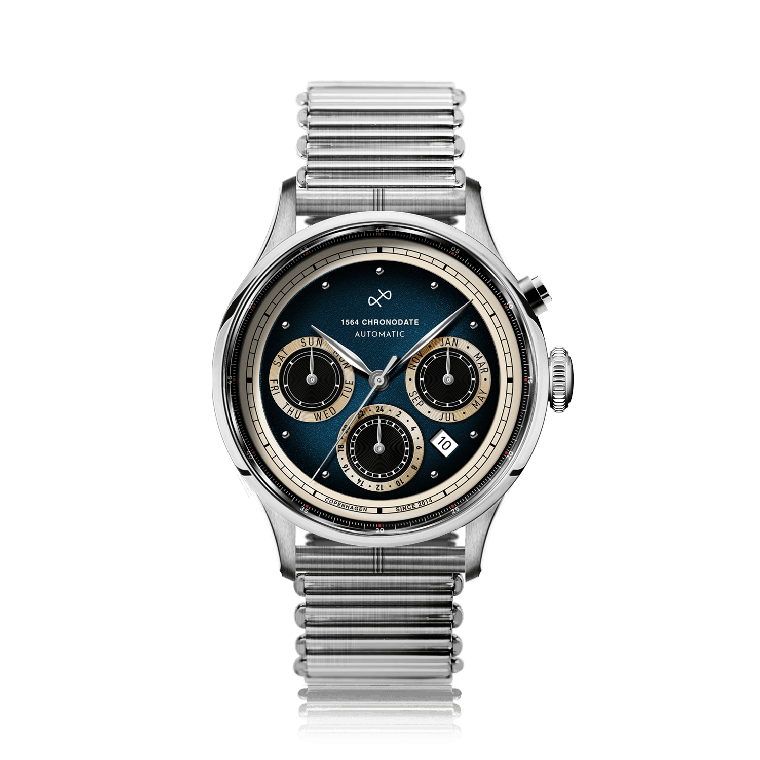 1564 Chronodate Automatic by AV86 features a vintage-inspired automatic chronograph with a deep blue dial, cream subdials for day, month, and 24-hour indicators, housed in a polished steel case with sapphire crystal and complemented by a brushed steel Bonklip mesh bracelet, reflecting Danish design and horological precision.