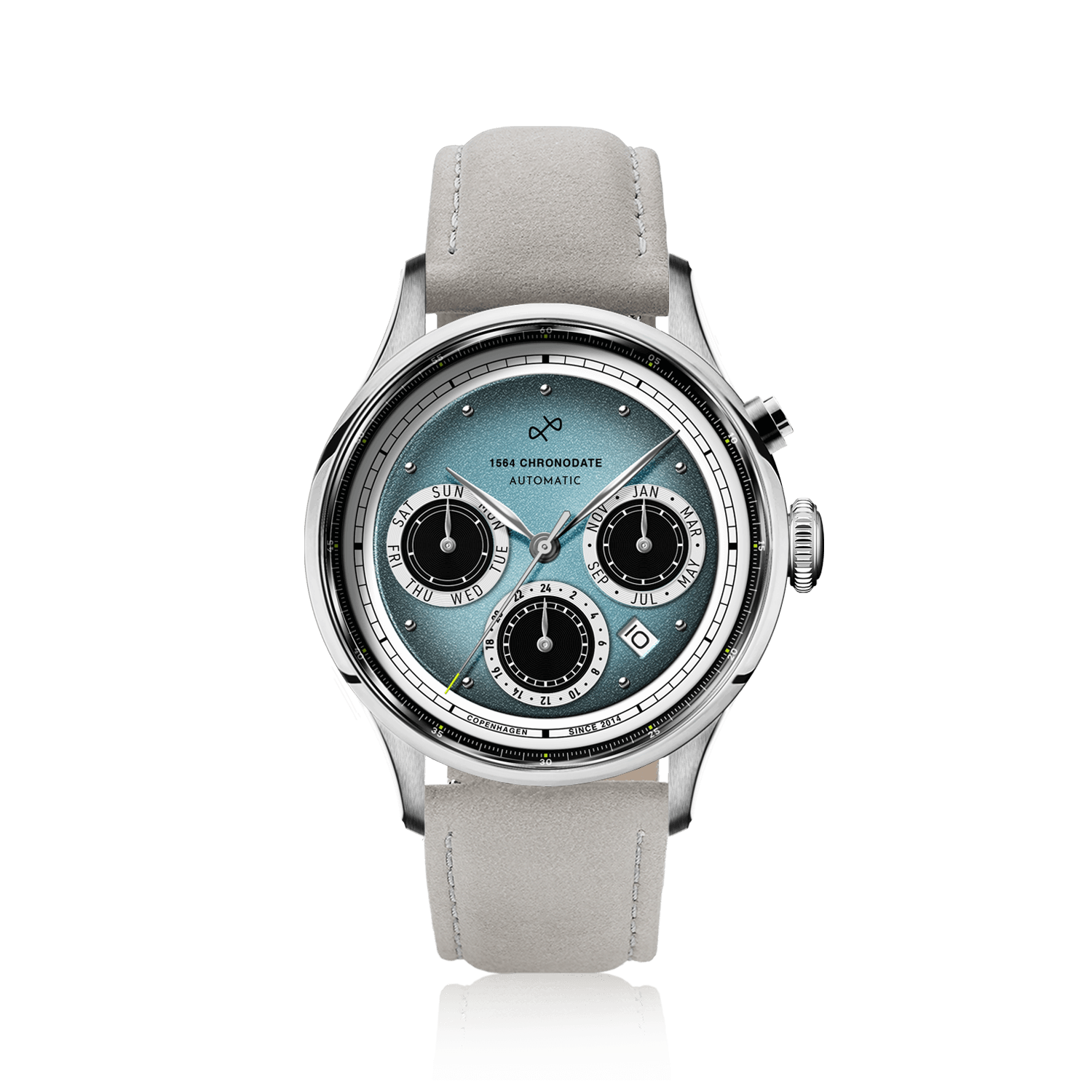 1564 Chronodate Automatic by AV86 vintage-inspired chronograph with sapphire crystal, automatic movement, and light leather strap