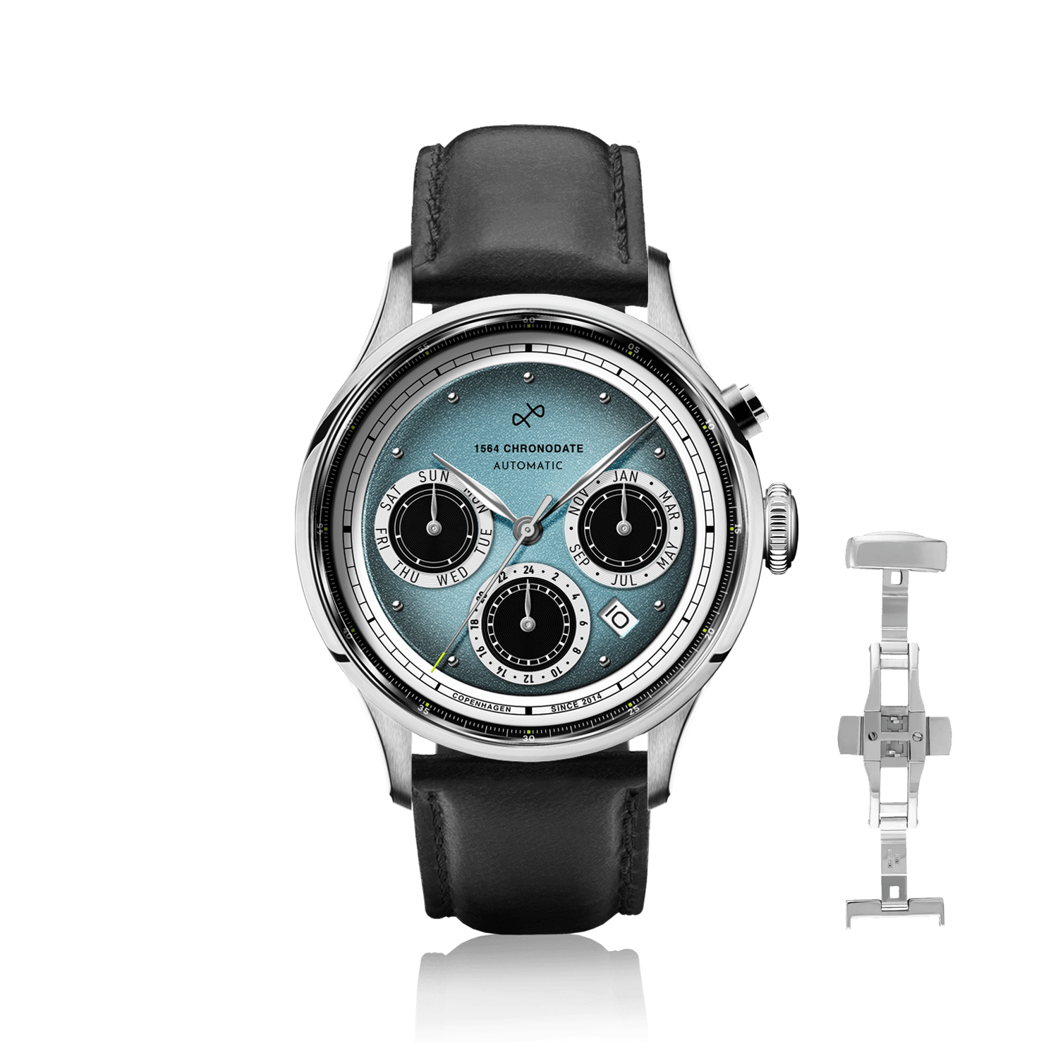 1564 Chronodate Automatic by AV86 vintage-inspired chronograph with sapphire crystal, multifunction dial, and black leather strap
