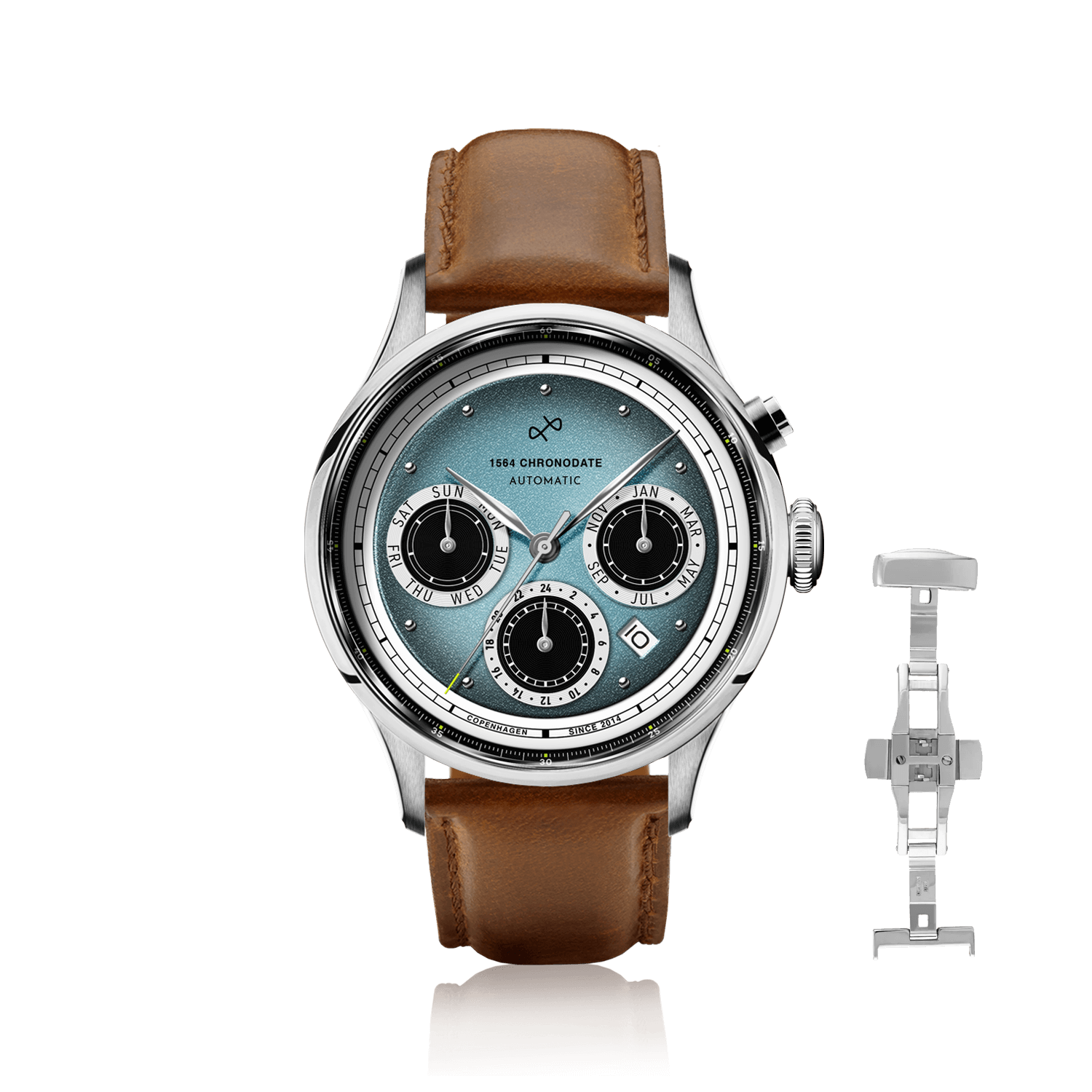 1564 Chronodate Automatic by AV86 vintage-inspired automatic chronograph with sapphire crystal and brown leather strap