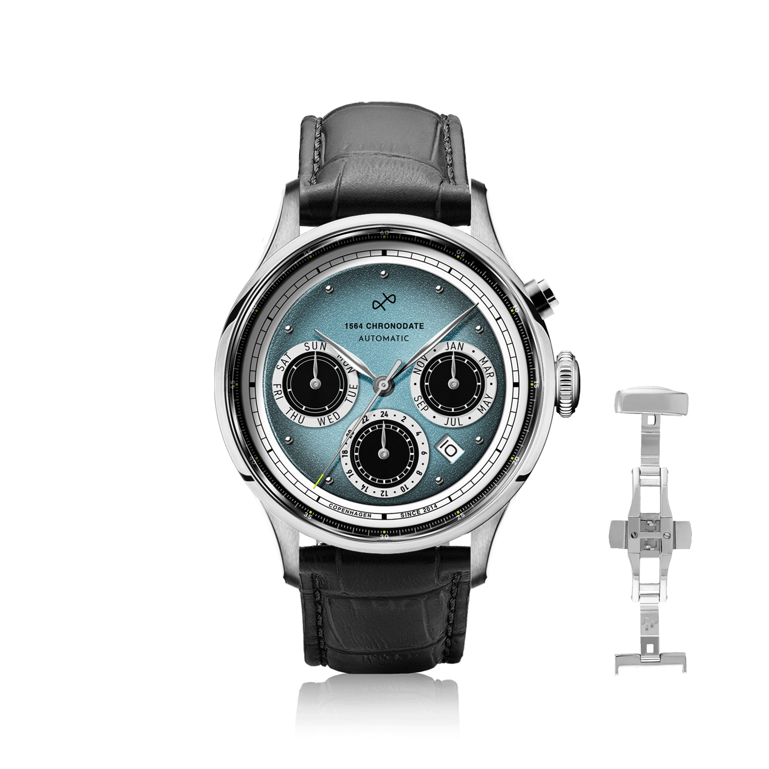 1564 Chronodate Automatic by AV86 vintage-inspired chronograph with sapphire crystal, automatic movement, and black leather strap