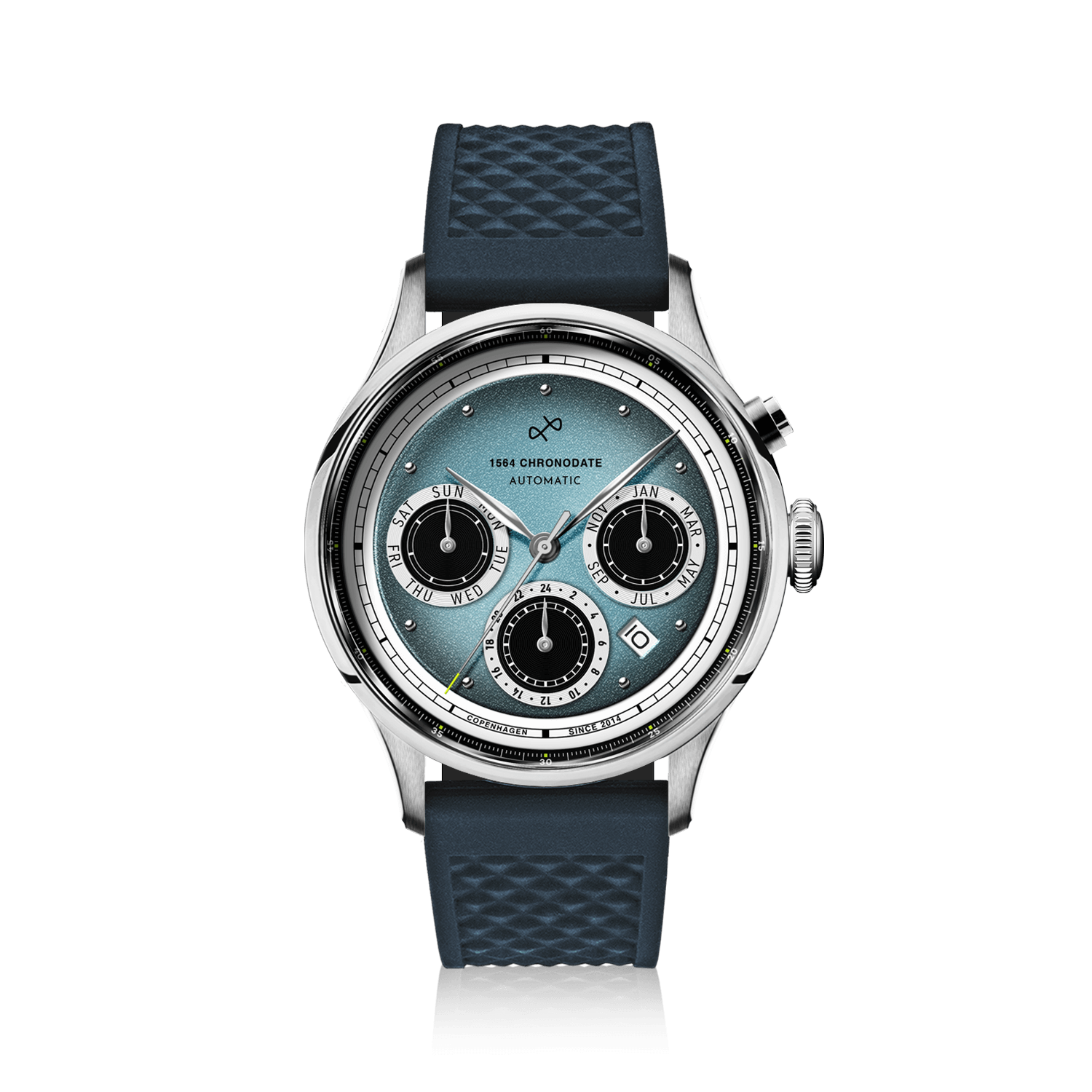 1564 Chronodate Automatic by AV86 vintage-inspired chronograph with sapphire crystal, automatic movement, and textured rubber strap