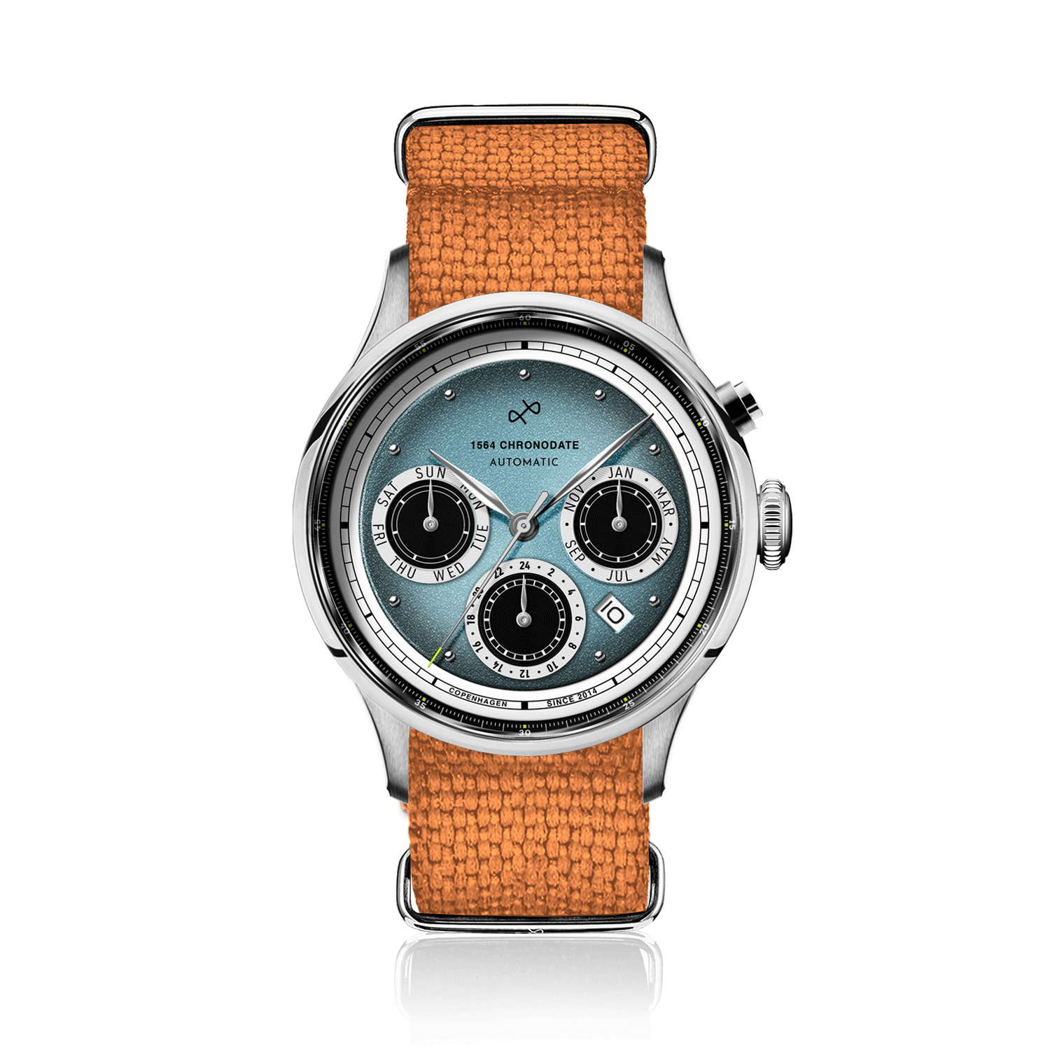 1564 Chronodate Automatic by AV86 with vintage-inspired dial, chronograph subdials, sapphire crystal, and woven fabric strap