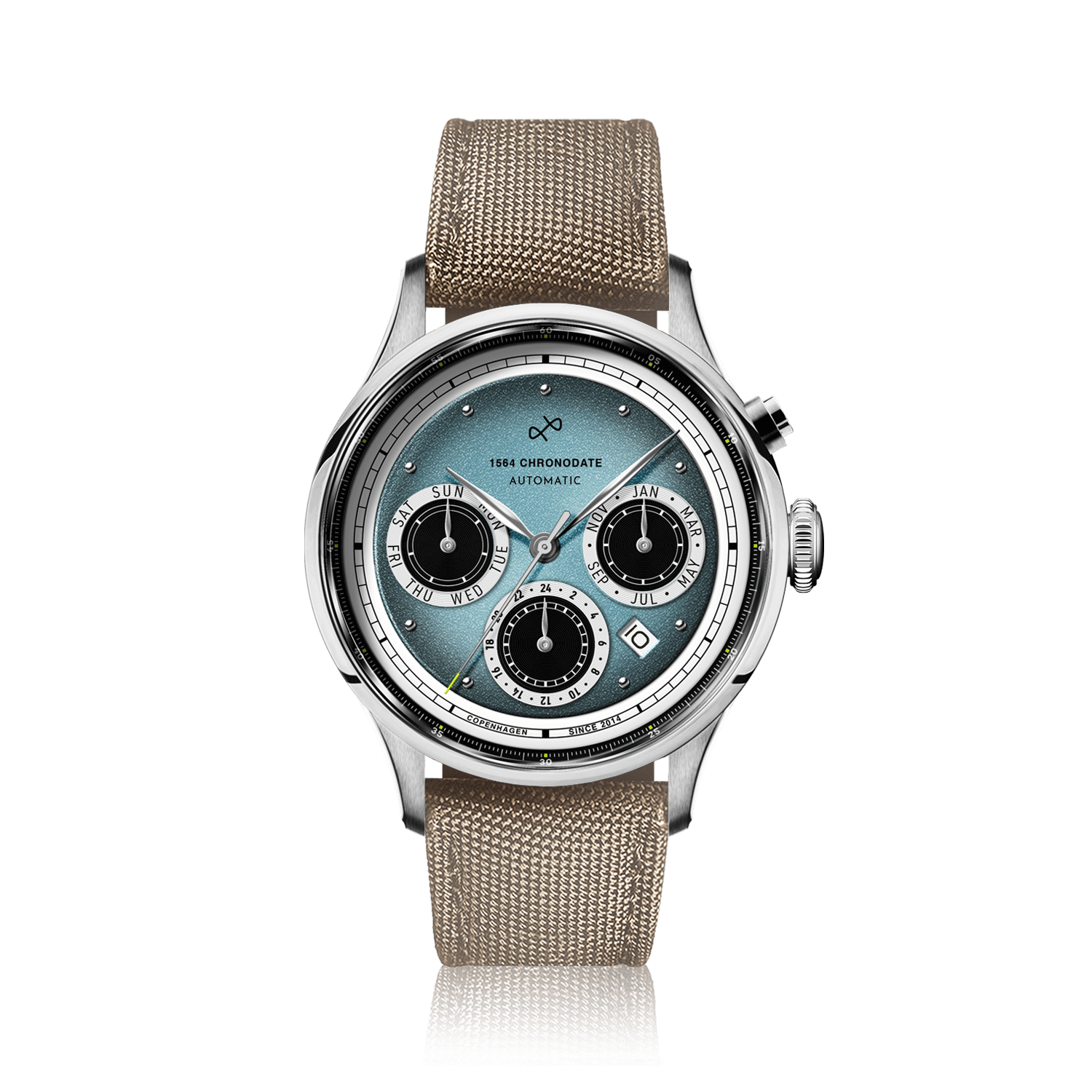 1564 Chronodate Automatic by AV86 vintage-inspired chronograph with sapphire crystal, multifunction dial, and textured fabric strap