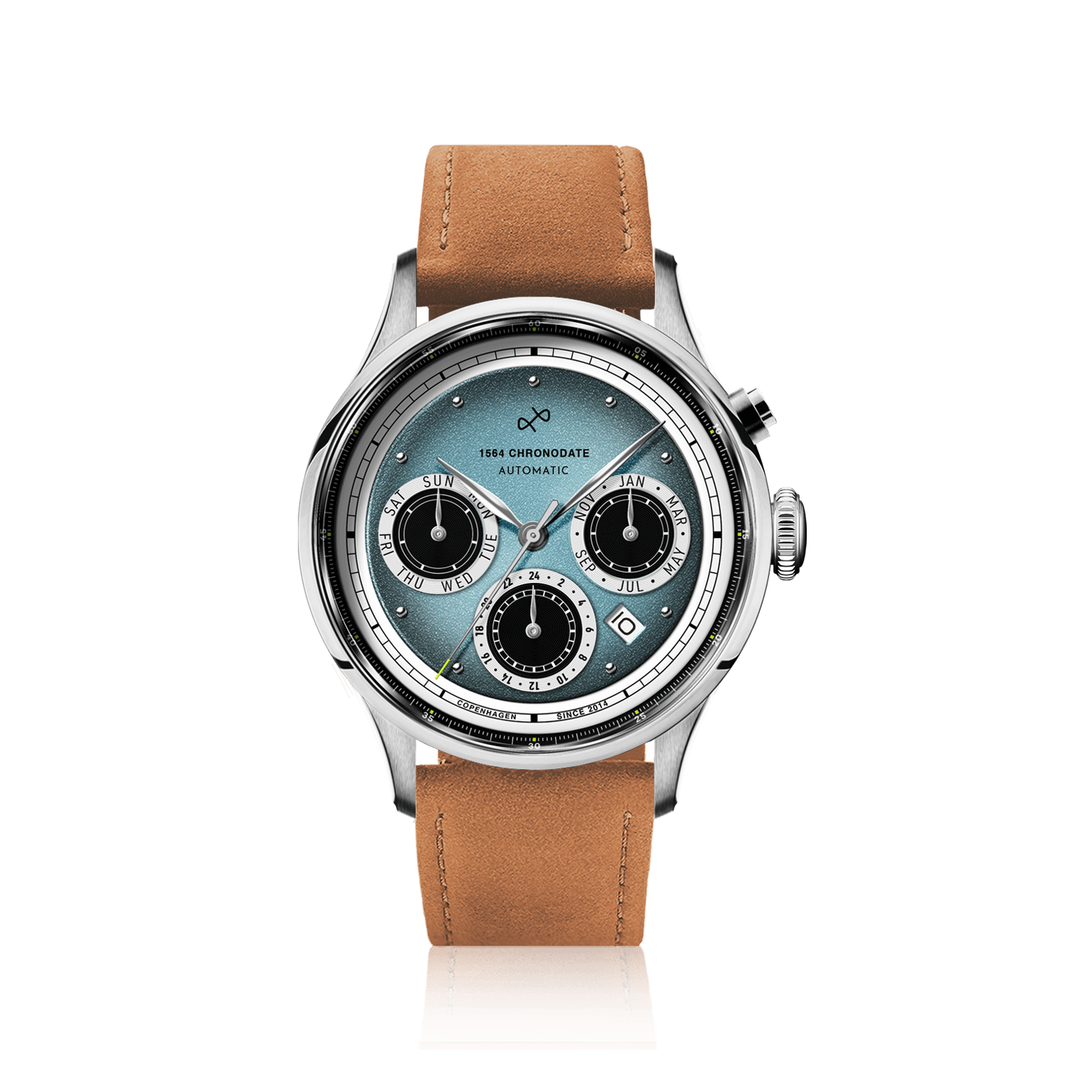 1564 Chronodate Automatic by AV86 vintage-inspired chronograph with sapphire crystal, automatic movement, and tan leather strap