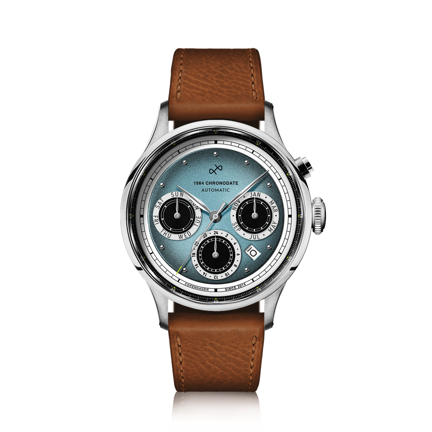 1564 Chronodate Automatic by AV86 vintage-inspired chronograph with sapphire crystal, automatic movement, and brown leather strap