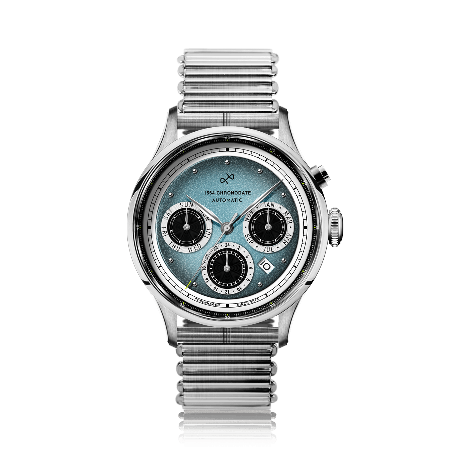 1564 Chronodate Automatic by AV86 luxury automatic watch with vintage-inspired dial, chronograph subdials, sapphire crystal, and steel bracelet strap