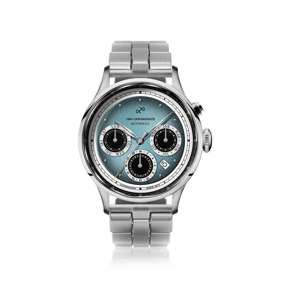 1564 Chronodate Automatic by AV86 with vintage-inspired dial, chronograph functions, sapphire crystal, and metal bracelet strap