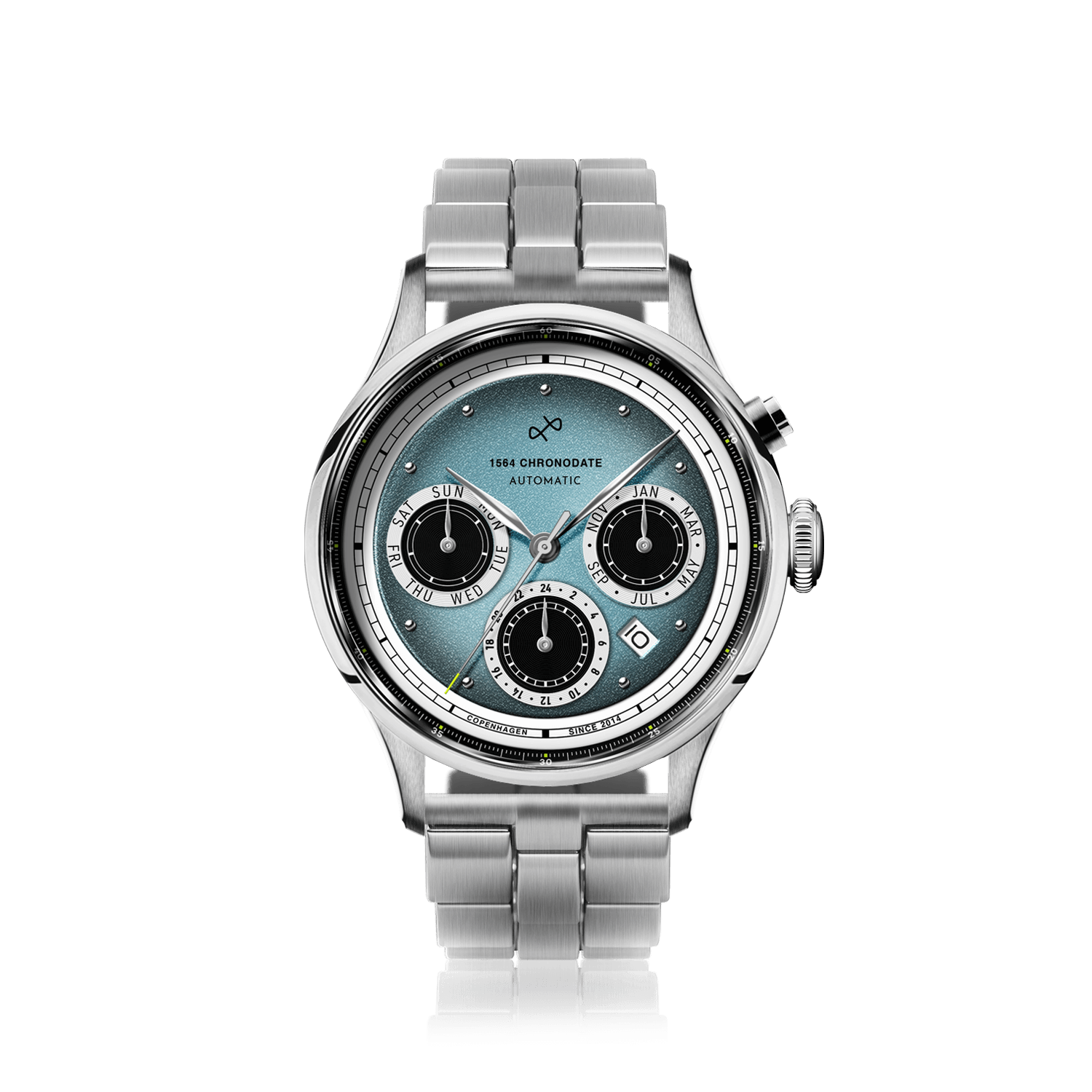 1564 Chronodate Automatic by AV86 with vintage-inspired dial, chronograph functions, sapphire crystal, and metal bracelet strap