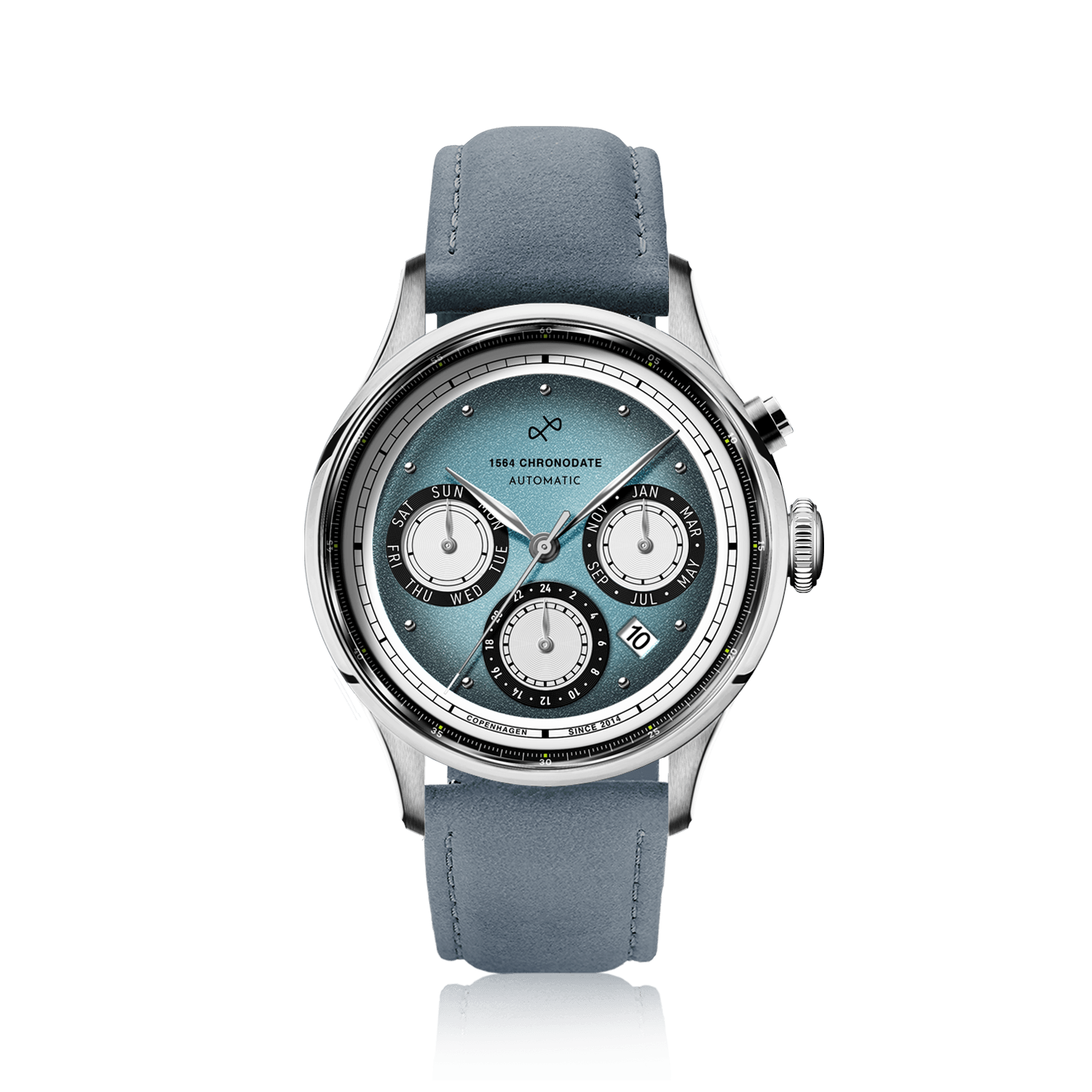 1564 Chronodate Automatic, Steel / Ice Blue & White