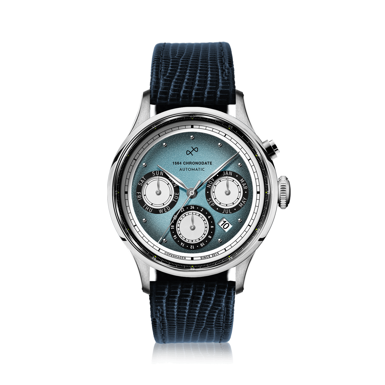1564 Chronodate Automatic, Steel / Ice Blue & White