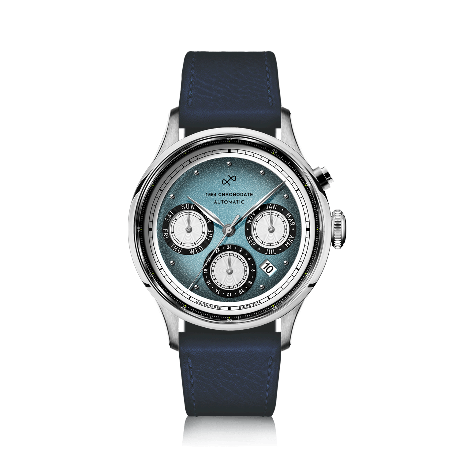 1564 Chronodate Automatic, Steel / Ice Blue & White