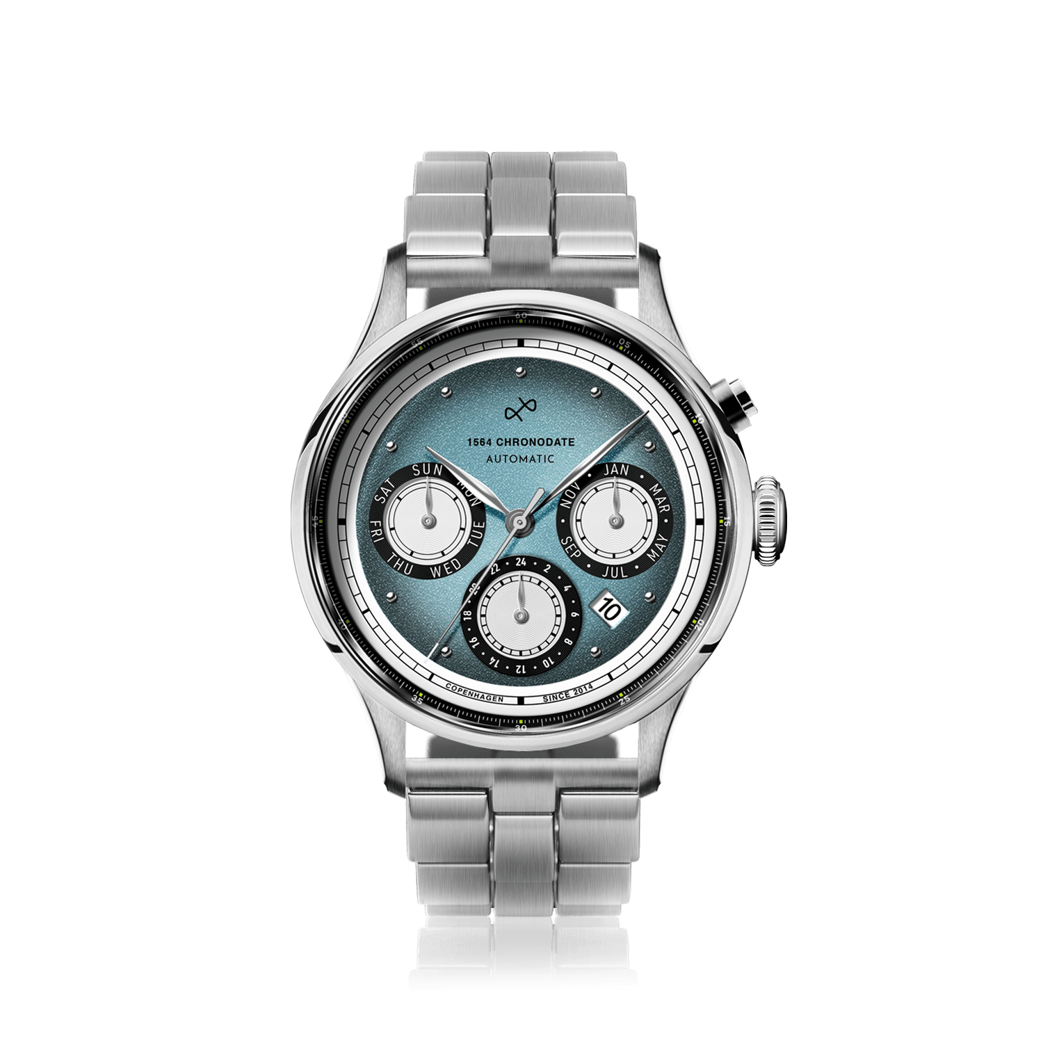 1564 Chronodate Automatic, Steel / Ice Blue & White