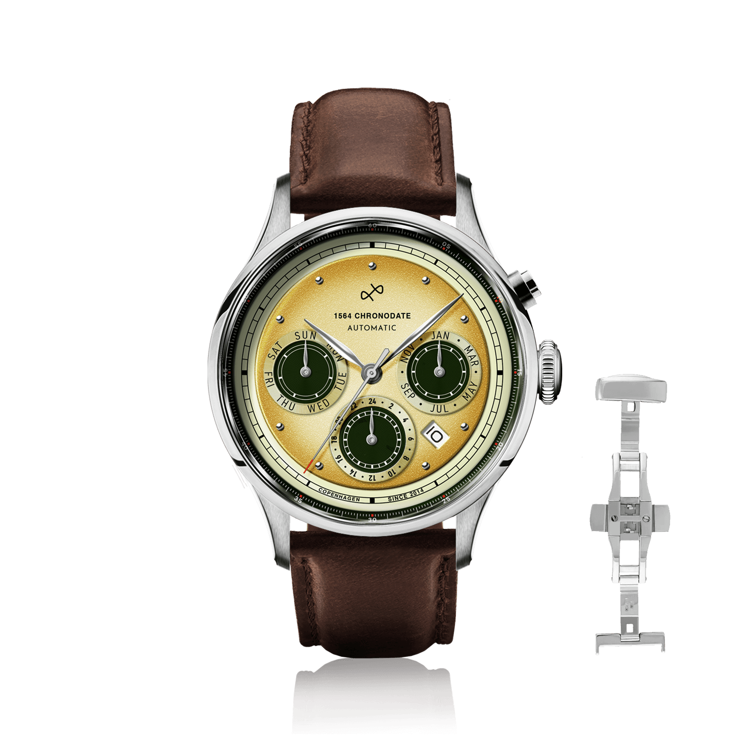 1564 Chronodate Automatic by AV86 vintage-inspired chronograph with sapphire crystal, automatic movement, and brown leather strap