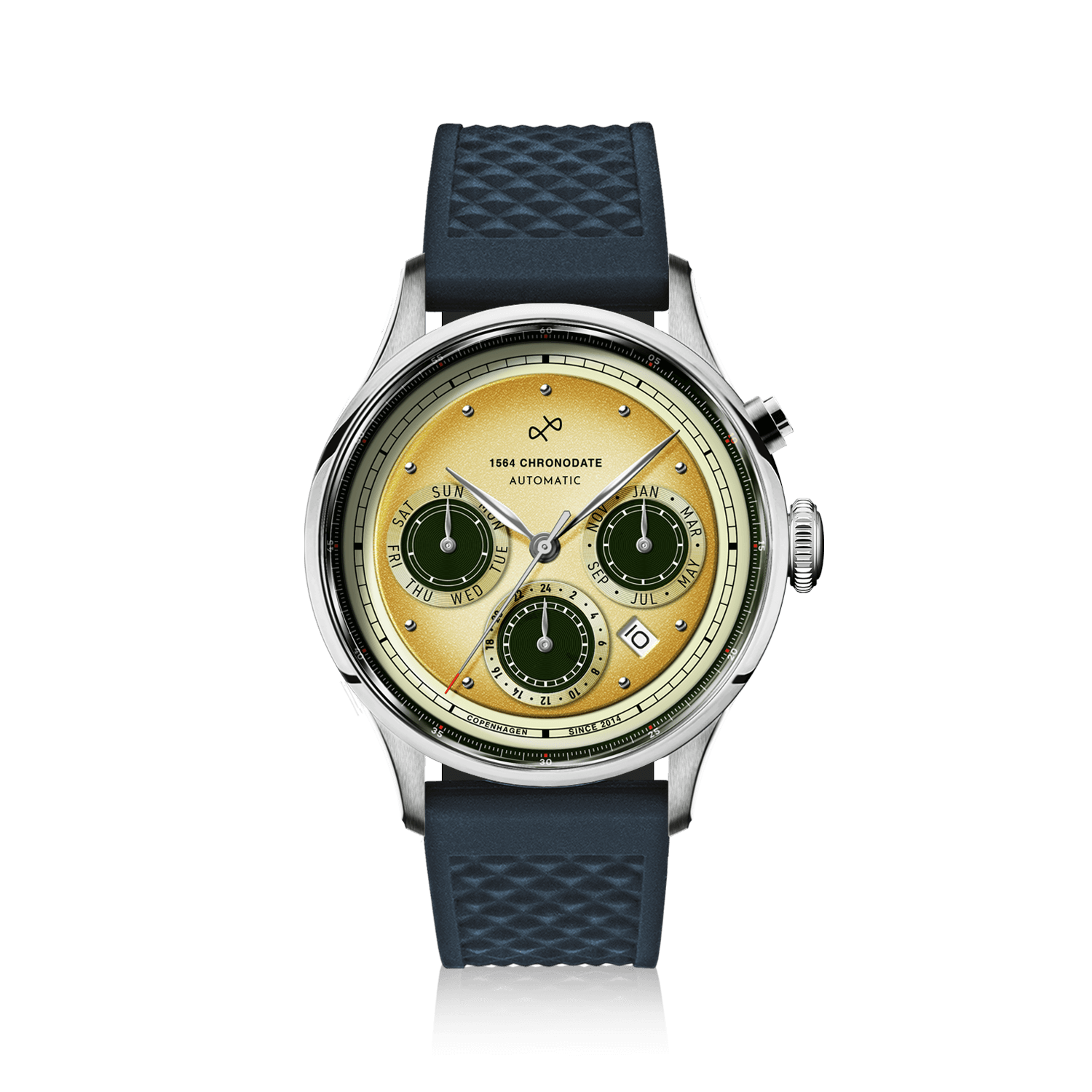 1564 Chronodate Automatic by AV86 vintage-inspired chronograph with sapphire crystal, automatic movement, and textured rubber strap