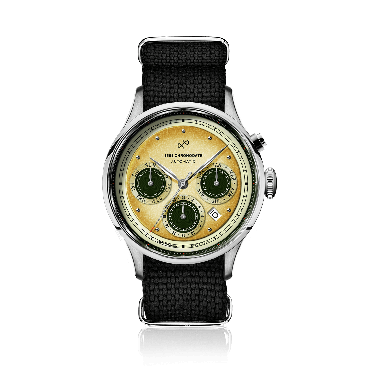 1564 Chronodate Automatic by AV86 vintage-inspired chronograph with sapphire crystal, textured black fabric strap, and multi-function dial