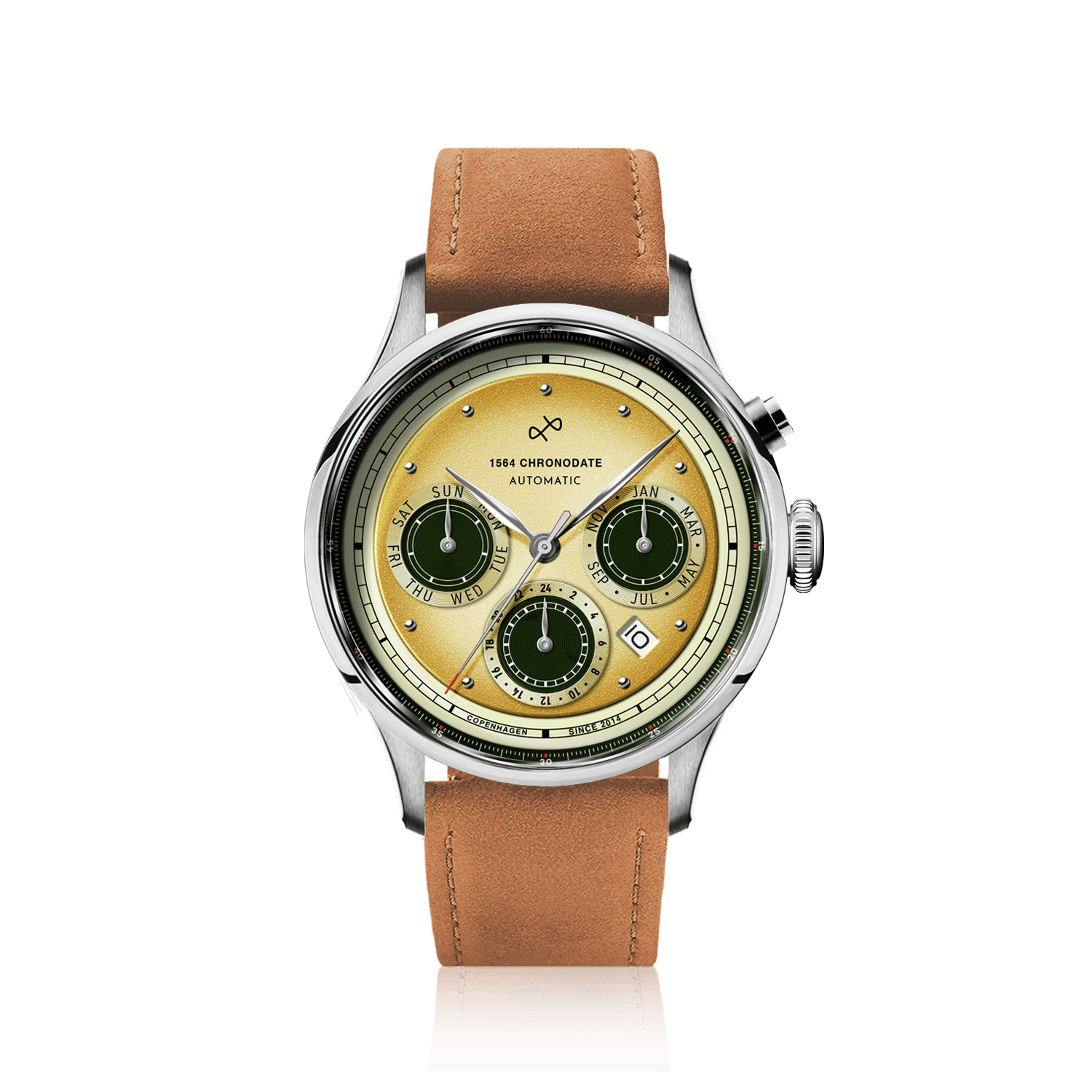 1564 Chronodate Automatic by AV86 vintage-inspired chronograph with sapphire crystal, automatic movement, and tan leather strap