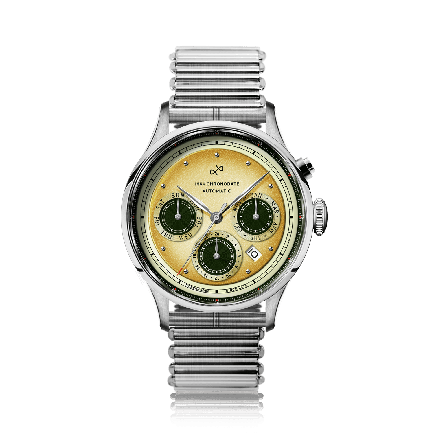 1564 Chronodate Automatic by AV86 vintage-inspired automatic with chronograph, sapphire crystal, steel case, and metal bracelet strap