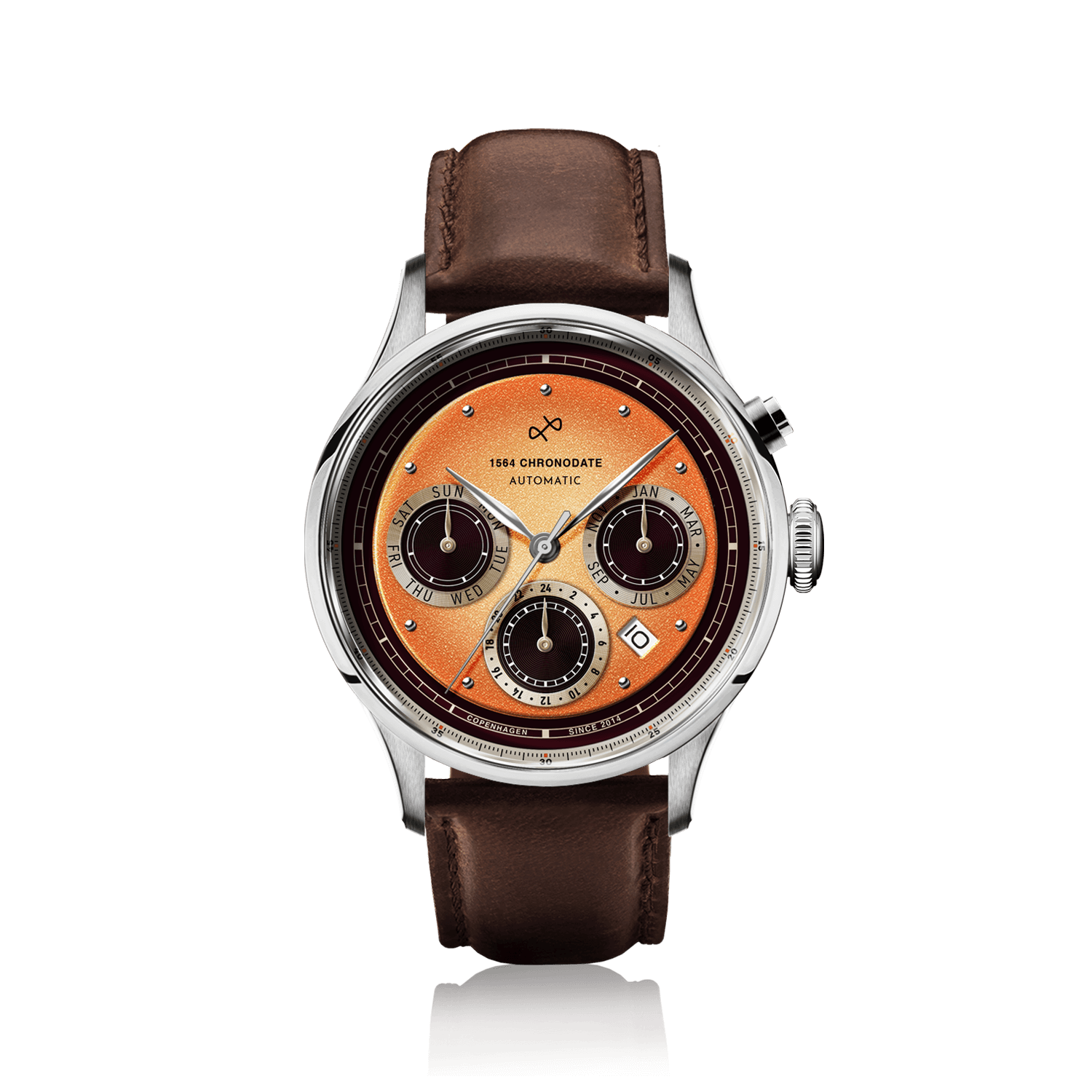 1564 Chronodate Automatic by AV86 with vintage-inspired chronograph dial, sapphire crystal, date window, and brown leather strap