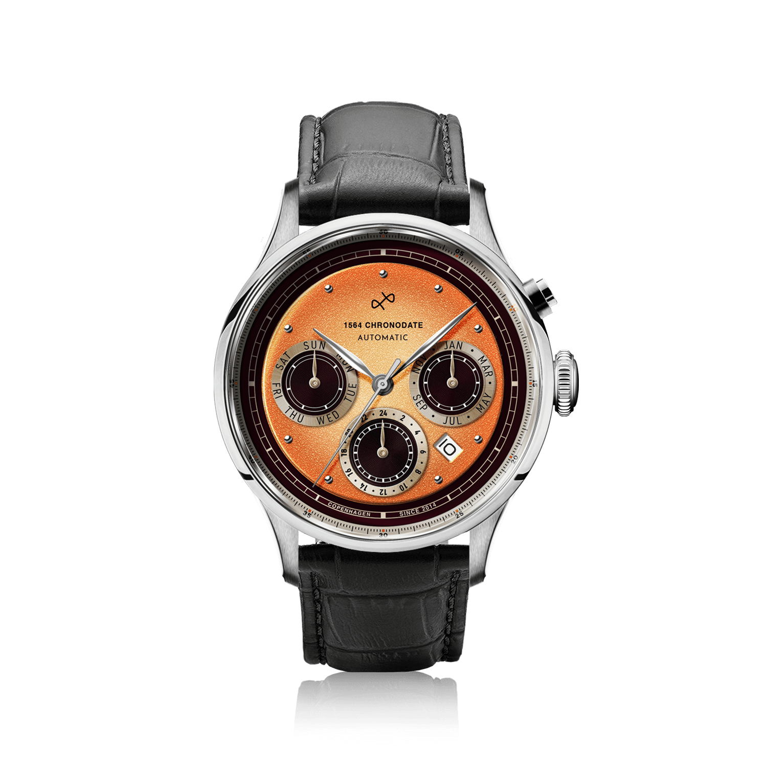 1564 Chronodate Automatic by AV86 vintage-inspired chronograph with sapphire crystal, chronodate dial, and black leather strap