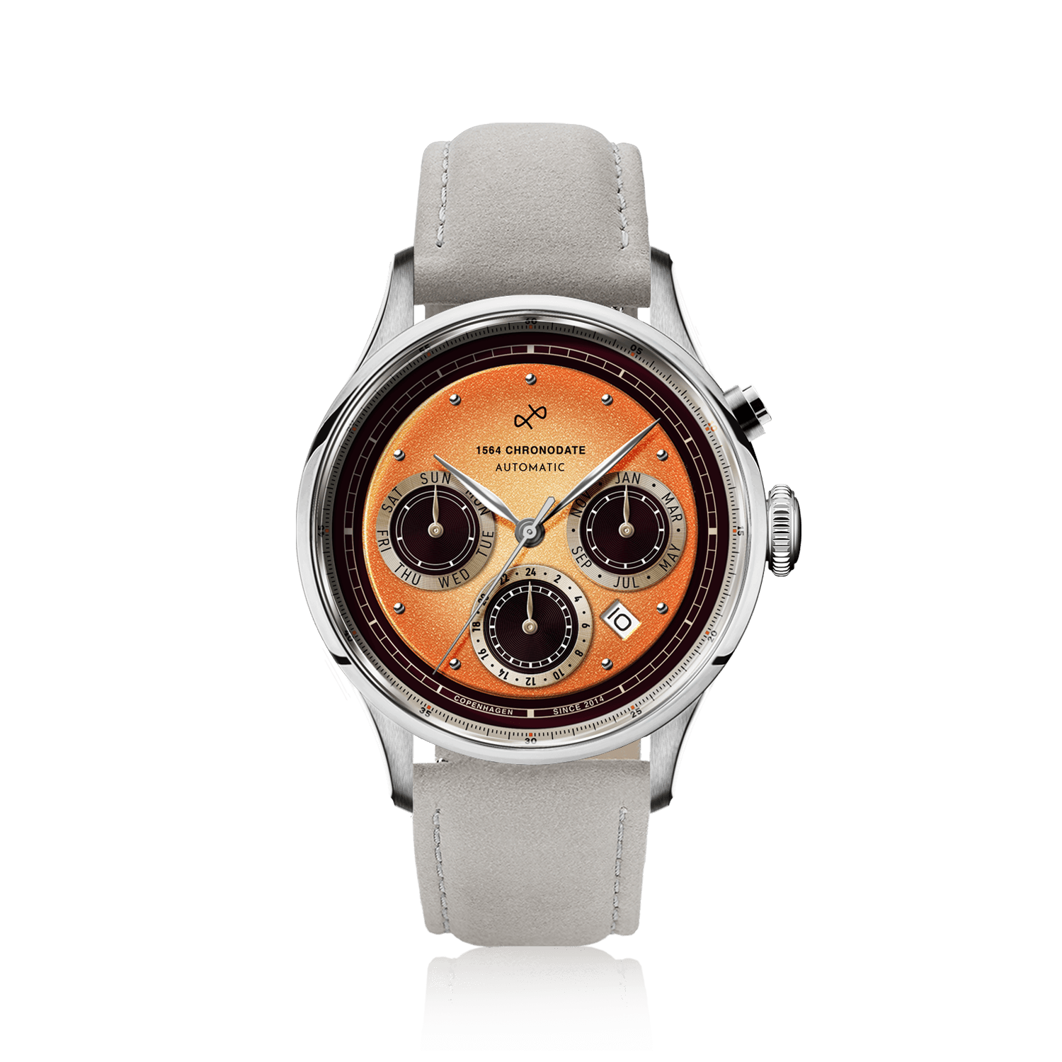 1564 Chronodate Automatic by AV86 vintage-inspired chronograph with sapphire crystal, automatic movement, and light suede leather strap